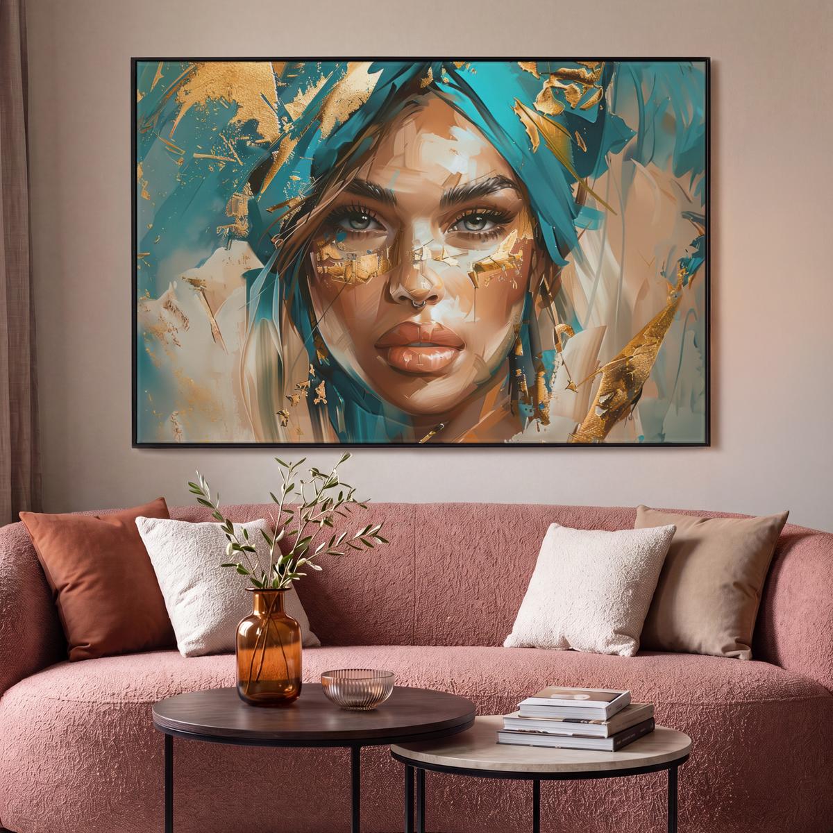 LEINWAND Bilder mit Rahmen - Frau - Porträt - Gold - Luxus - Blau - 150x100 - Türkis, Textil (150/100cm) - MuchoWow