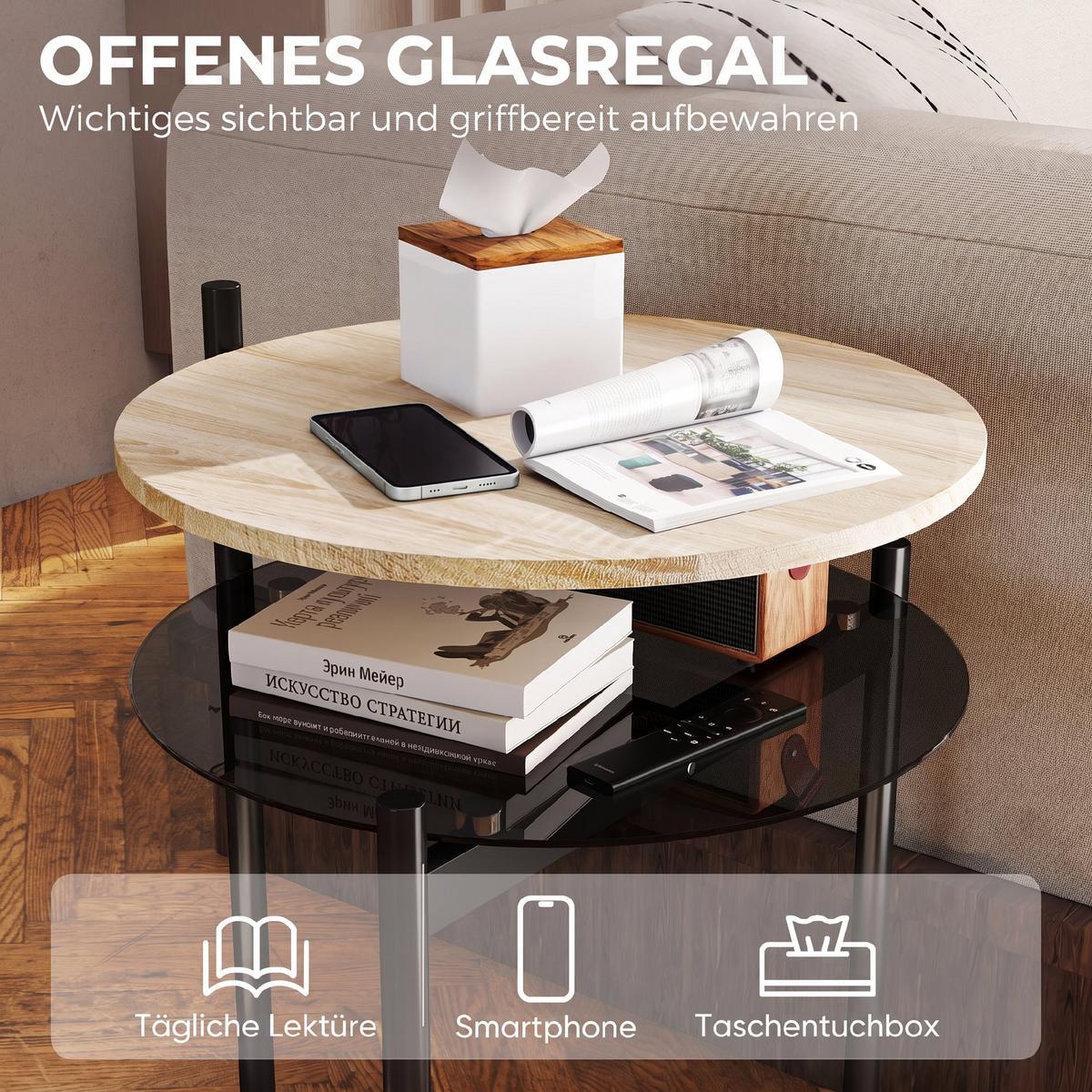 BEISTELLTISCH Spanplatte Glas Eiche - Eichefarben/Schwarz, Glas/Holzwerkstoff (41.8/39.8/53.5cm) - HOMCOM