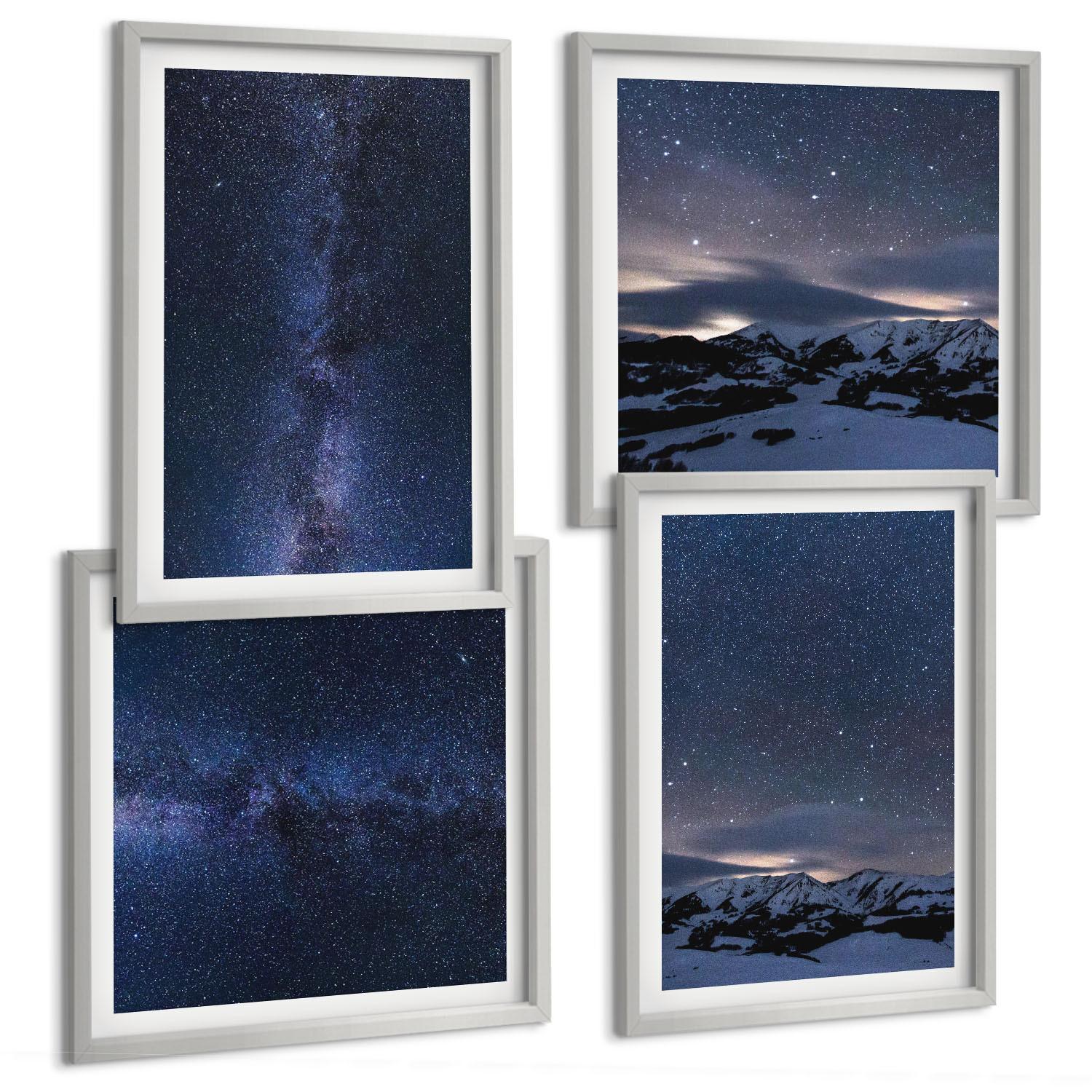 BILDER SET 4er Set - 50x50 cm & 40x60 cm Silberner Rahmen - Nachthimmel, Berge, Sterne - Silberfarben, Kunststoff (50/50cm) - TULUP