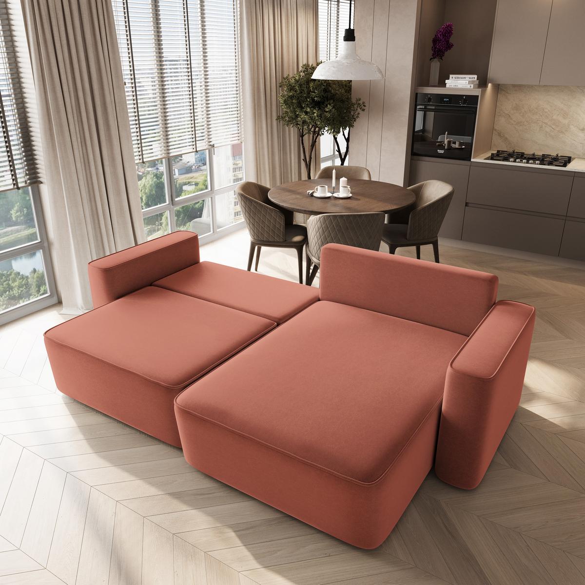 ECKSOFA BELISE CL Koralle Veloursstoff mit Schlaffunktion - Koralle, Holz/Textil (252/162cm) - MASSENO