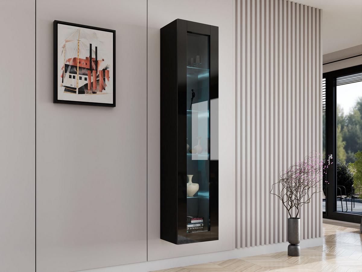 HÄNGEVITRINE 180 Vigo Glas mit RGB LED Beleuchtung - Schwarz Hochglanz/Schwarz, Holzwerkstoff (40/180/30cm) - MIRJAN24