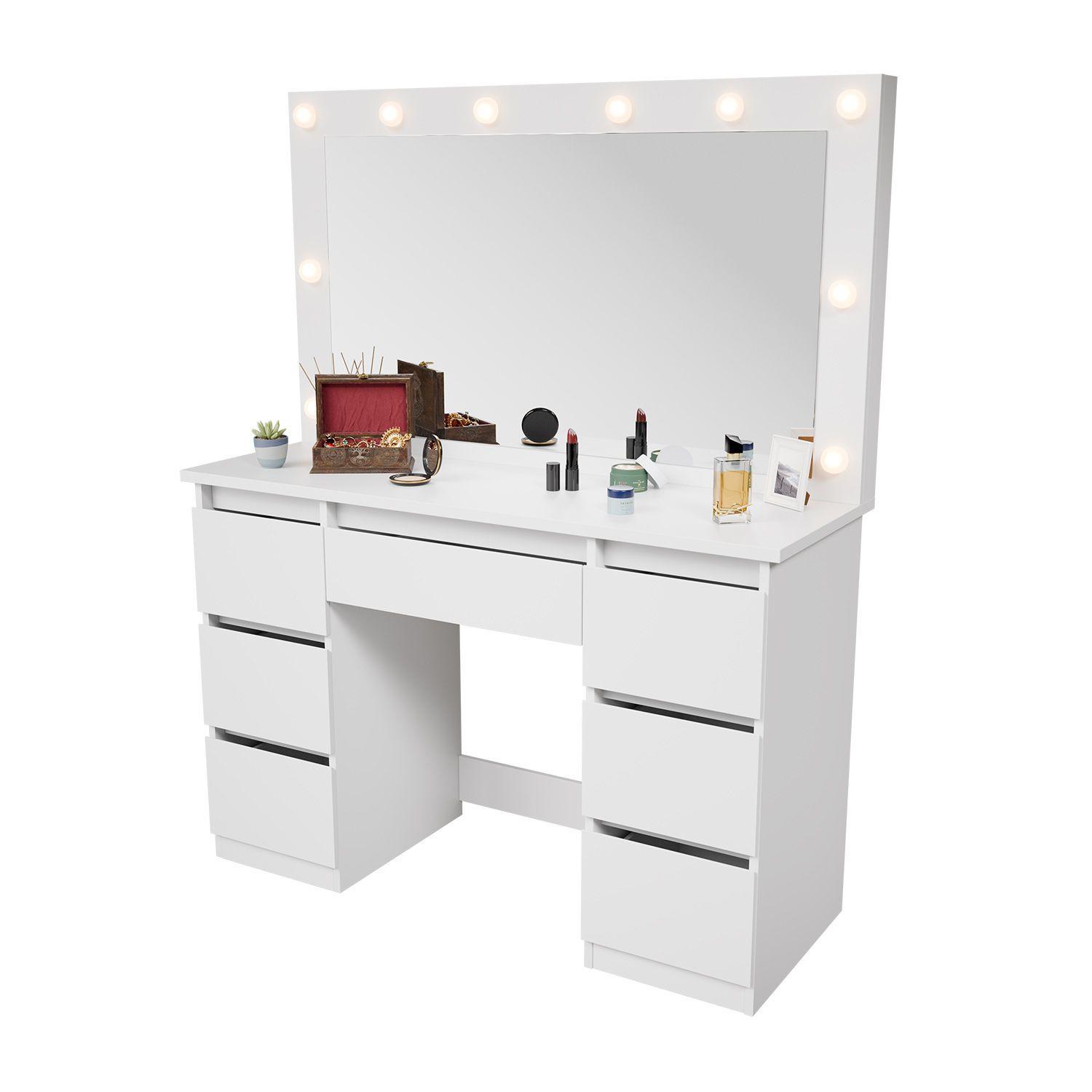 SCHMINKTISCH Lilia weiß mit LED-Beleuchtung - Weiß, Holz (108/140/41cm) - Juskys