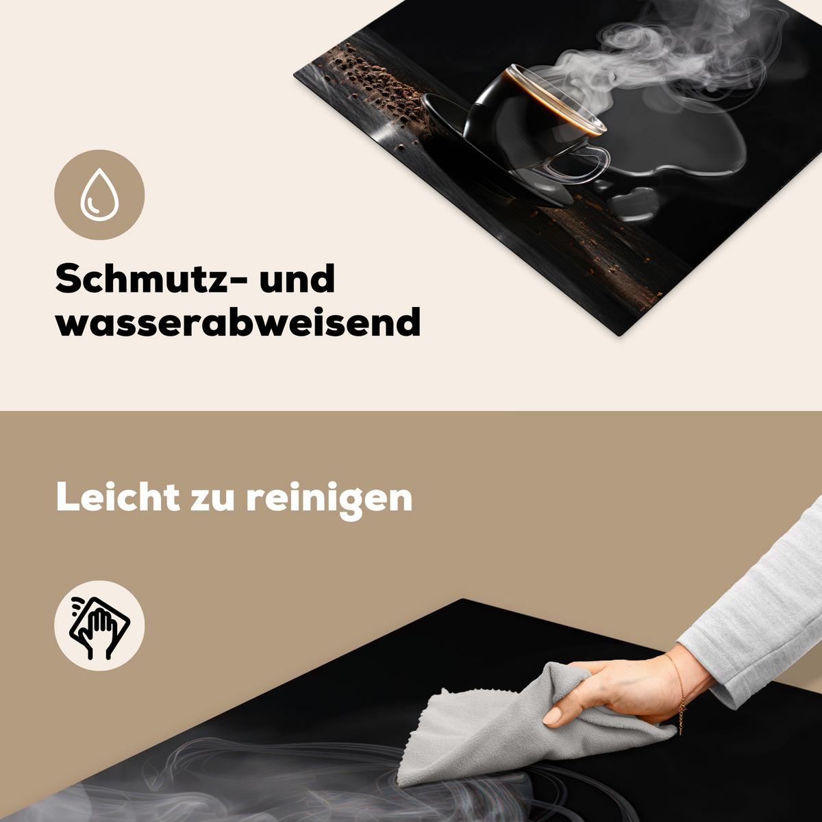 HERDABDECKPLATTE Kaffee - Schwarz - Bohnen - Heiß - Tasse Herdabdeckung Induktionsfeld 60x52 cm - Schwarz, Kunststoff (60/52/0.2cm) - MuchoWow
