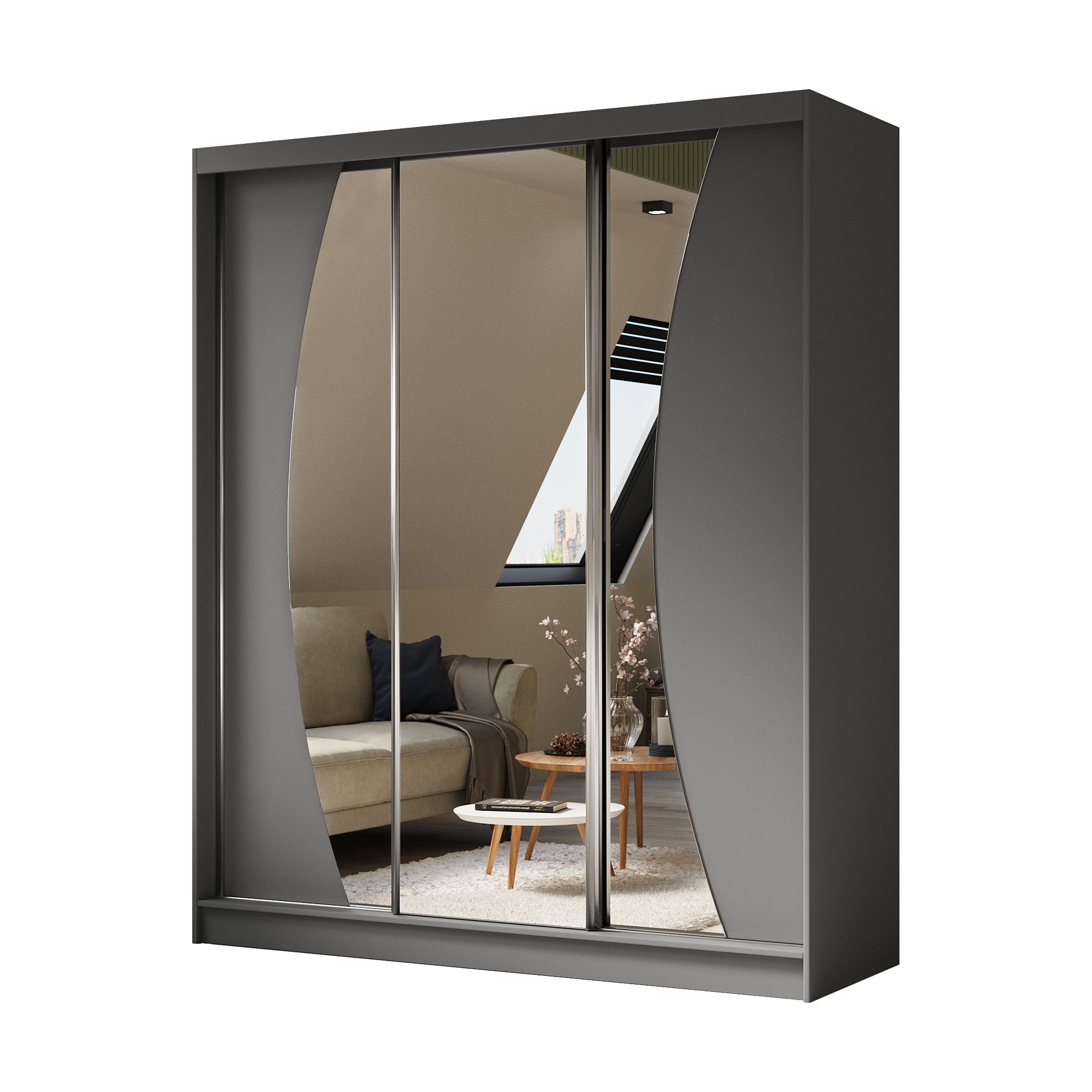 KLEIDERSCHRANK mit Spiegel-Schiebetüren und Aluminium-Leisten - VOXI - 180 cm Grau - Grau, Holzwerkstoff (180/216/61cm) - ALTDECOR