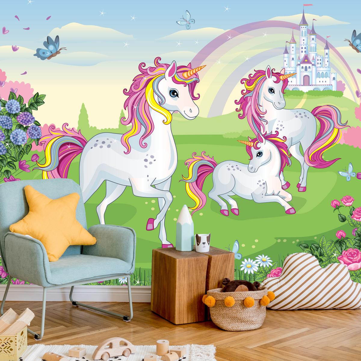 FOTOTAPETE für Kinderzimmer Einhorn Schloss Blumen Märchen 450x315 - Gelb/Violett, Papier (450/315cm) - Muralo