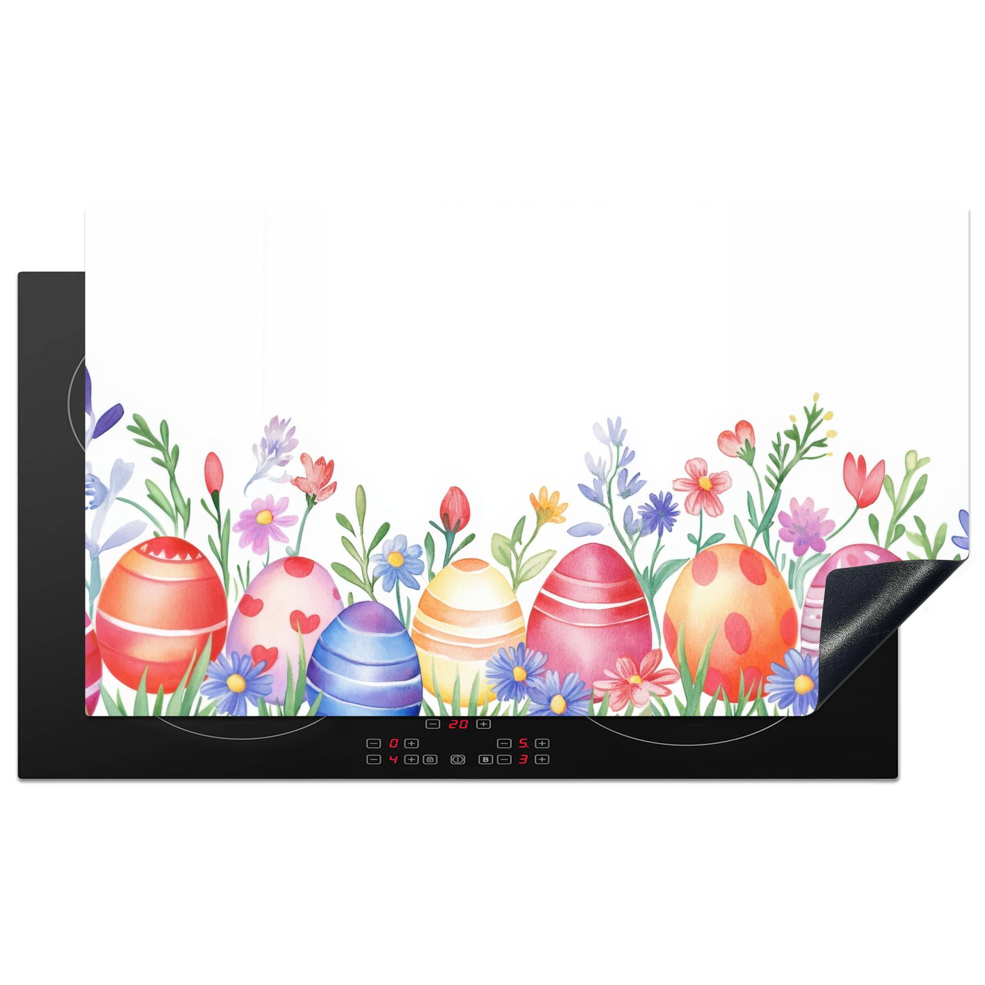 HERDABDECKPLATTE Blumengarten - Bunt - Eier Ceranfeldabdeckung 90x52 cm - Weiß, Kunststoff (90/52/0.2cm) - MuchoWow
