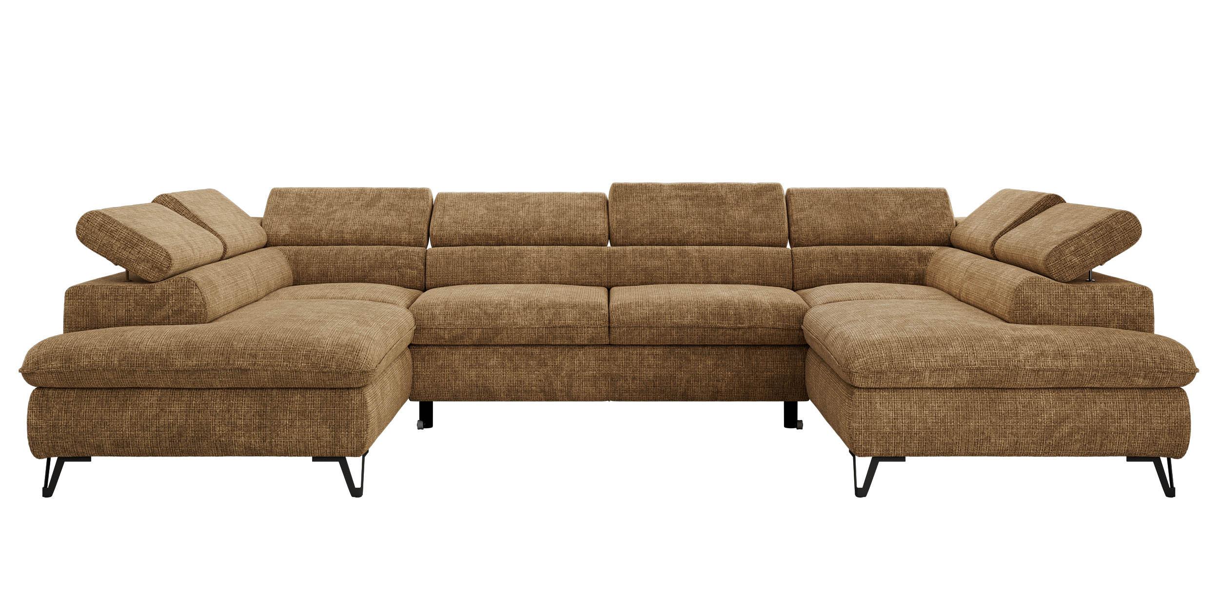 WOHNLANDSCHAFT PABLO U Schenille grob gewebt Hellbraun mit Topper Visco - Hellbraun/Schwarz, Textil/Metall (346/76/208cm) - MKS