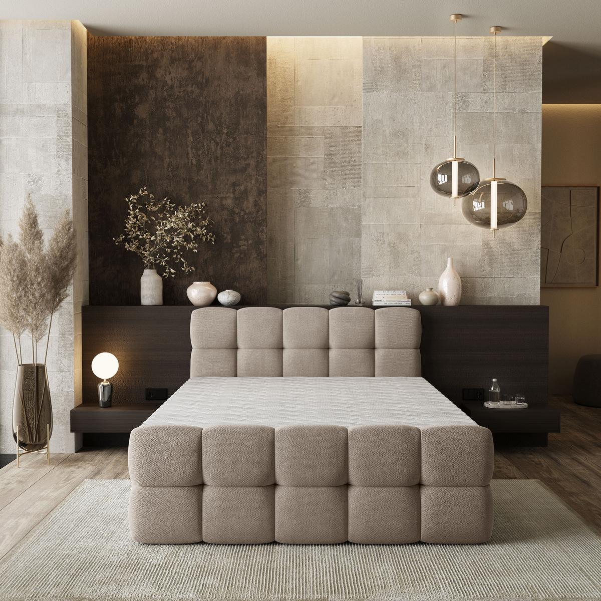 BOXBETT BRUME 200x200 cm mit Matratze und Topper, H2+H3 - Beige - Beige, Holz (200/200cm) - MASSENO