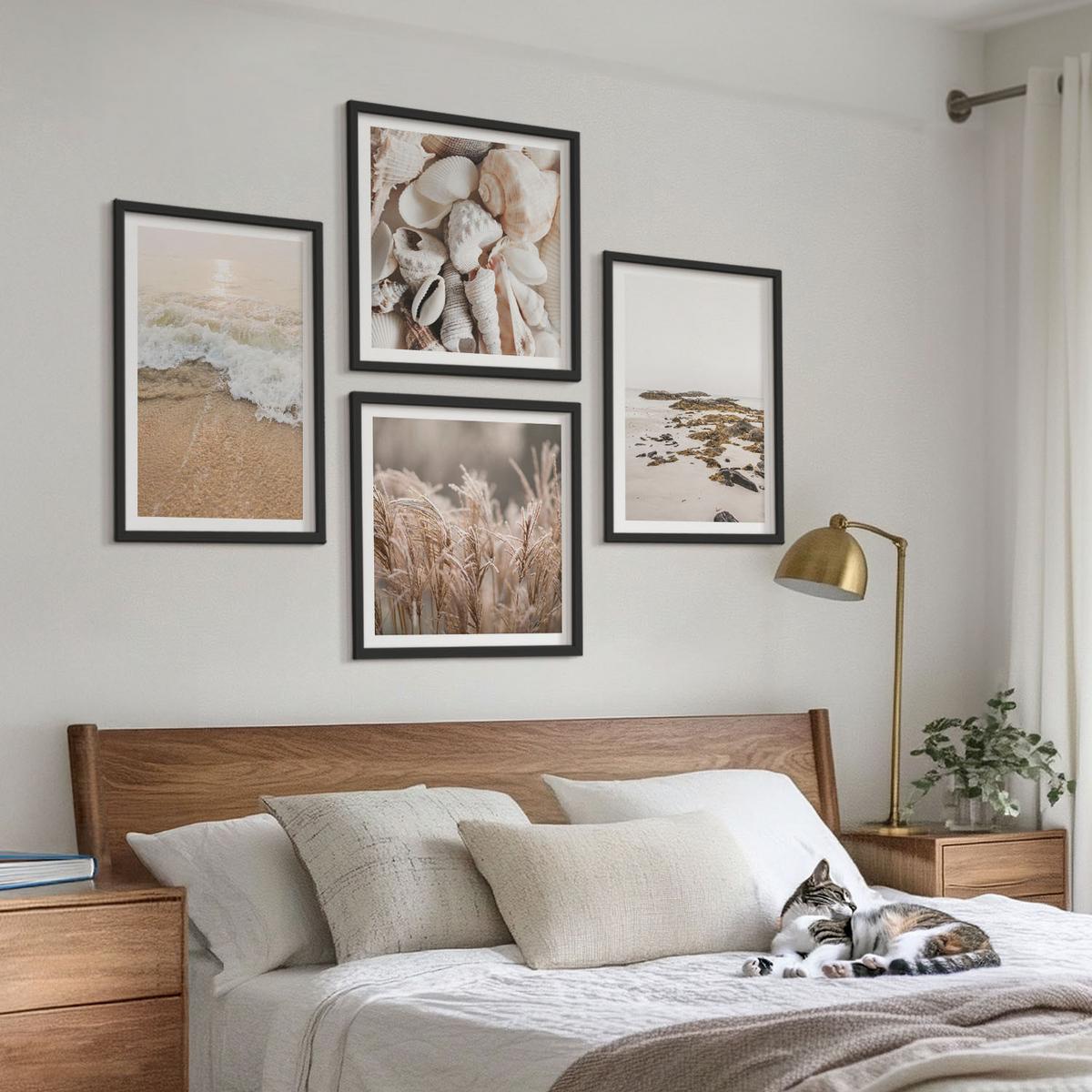 BILDER SET 4er Set - 50x50 cm & 40x60 cm Schwarzer Rahmen - Strandgras, Wellen, Steine, Boho-Stil - Schwarz, Kunststoff (50/50cm) - TULUP