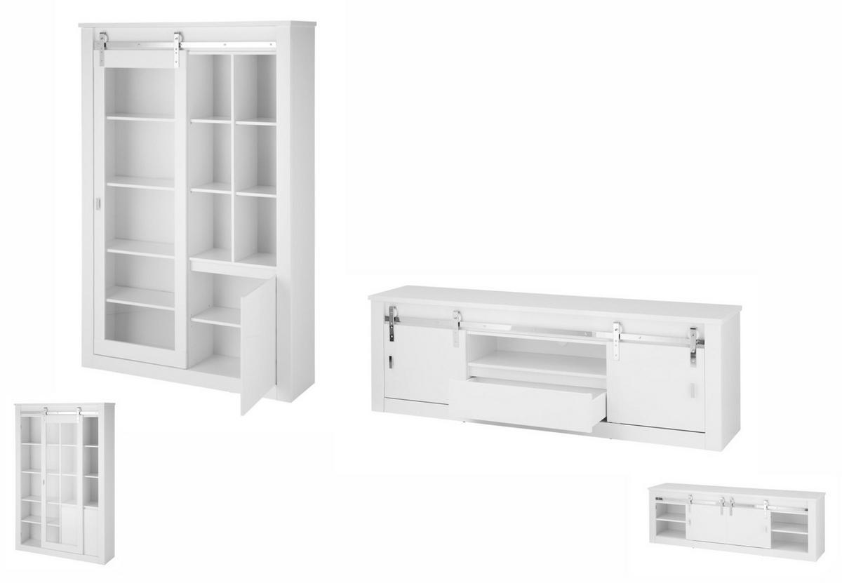 WOHNWAND weiß Hochglanz 2-teilig 349 x 201 cm, Wohnkombination mit Soft-Close - Chromfarben/Weiß Hochglanz, Glas/Holzwerkstoff (349/201/43cm) - Furn.Design