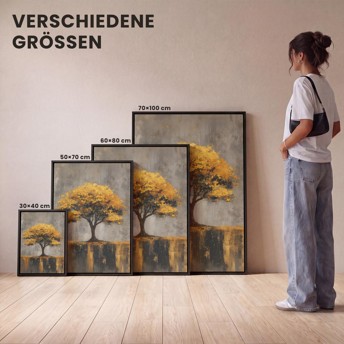 LEINWAND Bilder mit Rahmen - Baum - Blätter - Gold - Abstrakt - 60x80 - Grau, Textil (60/80cm) - MuchoWow