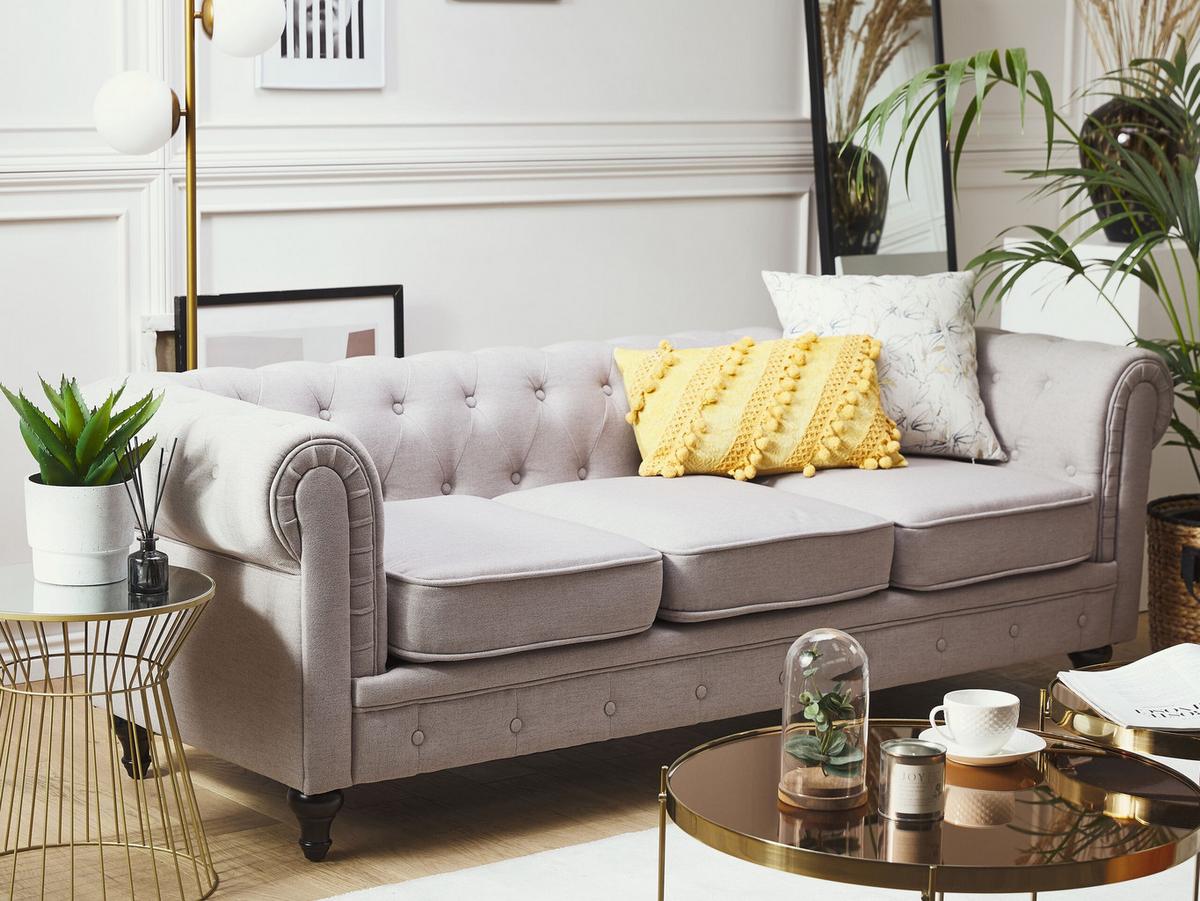 3-SITZER-SOFA Polyester Grau Chesterfield - Hellgrau, Textil (202/70/75cm) - Beliani