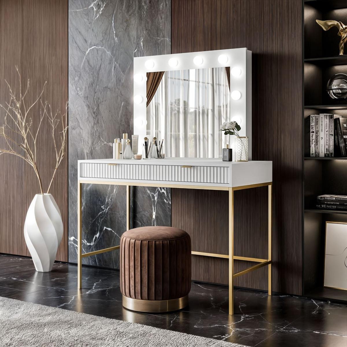 SCHMINKTISCH MIT SPIEGEL CORTADO GOLD T104 WEISS - Weiß, Holzwerkstoff (104/78/50cm) - Lookway