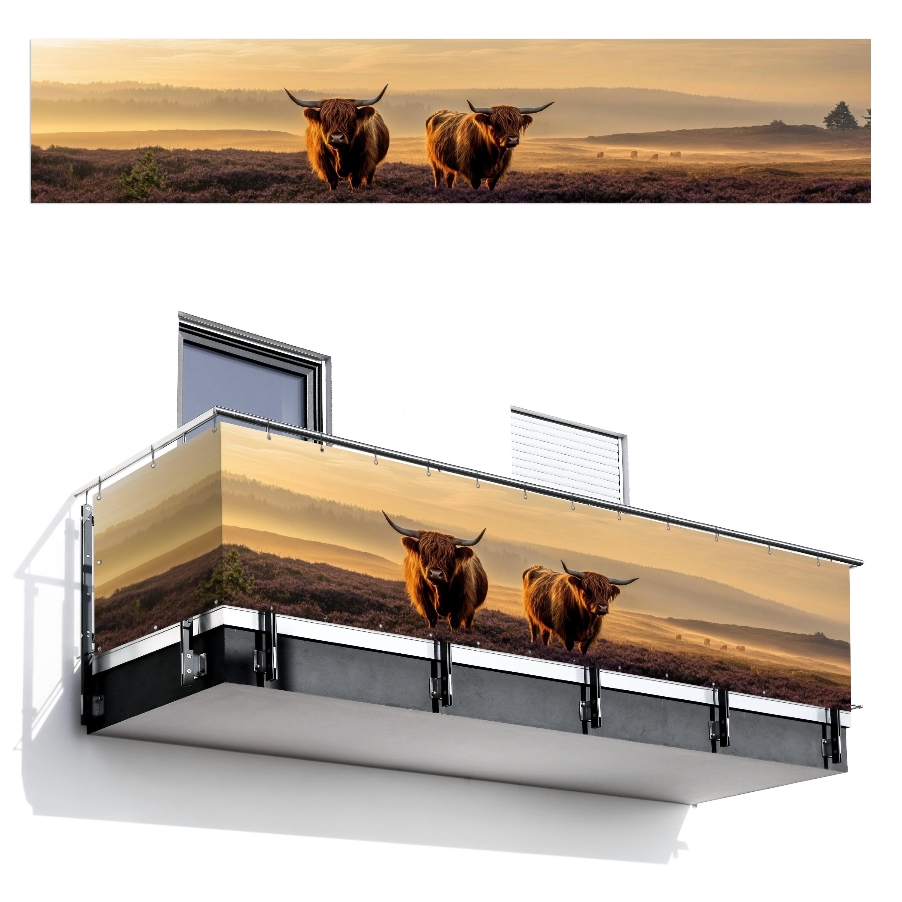 BALKON-SICHTSCHUTZ Schottische Hochlandbewohner - Heide - Landschaft - Tiere Deko XXL 500x100 cm - Cognac, Kunststoff (500/100cm) - MuchoWow