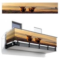 BALKON-SICHTSCHUTZ Schottische Hochlandbewohner - Heide - Landschaft - Tiere Deko XXL 500x100 cm - Cognac, Kunststoff (500/100cm) - MuchoWow