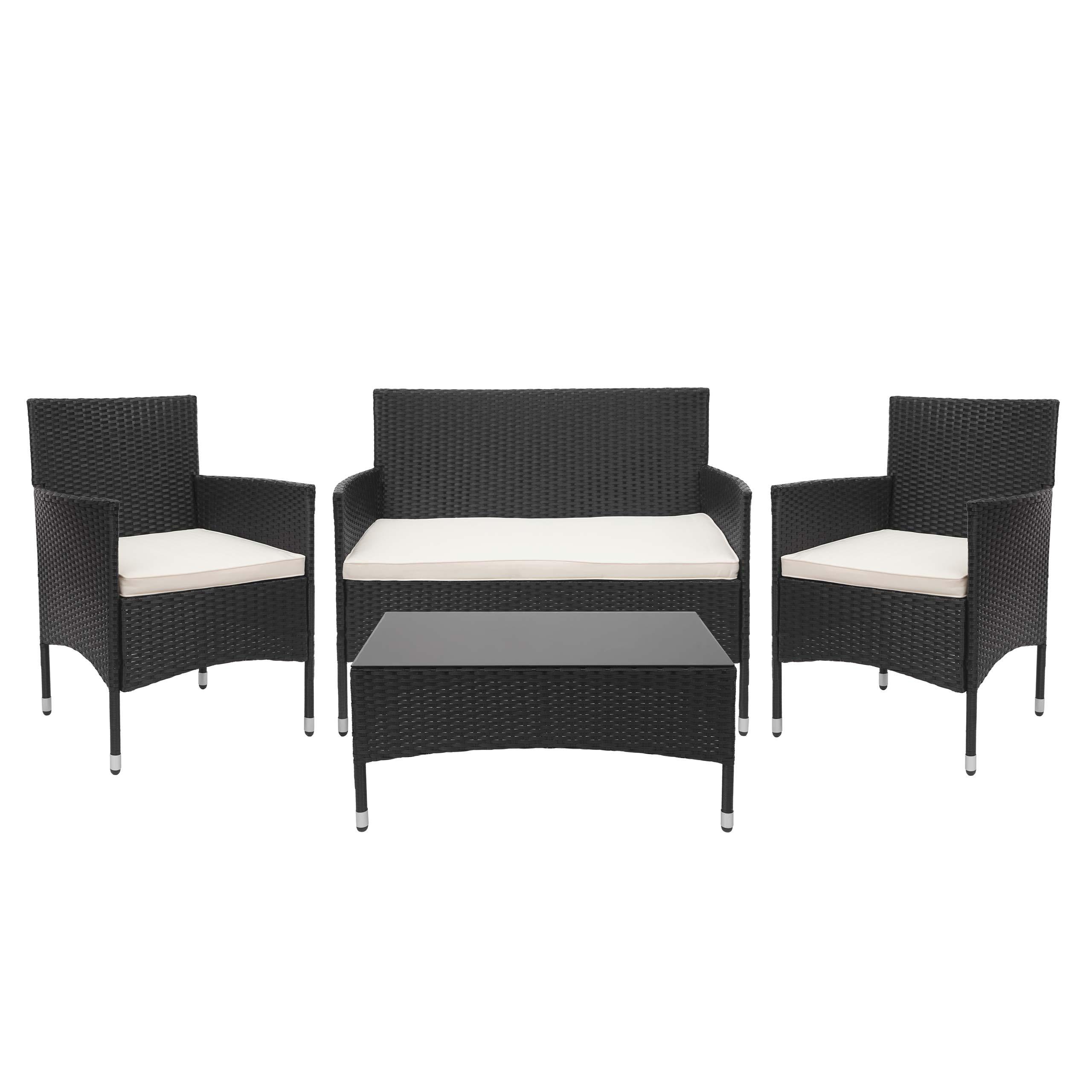 POLY-RATTAN GARNITUR Schwarz, Cremeweiß - Schwarz/Weiß, Kunststoff - MCW
