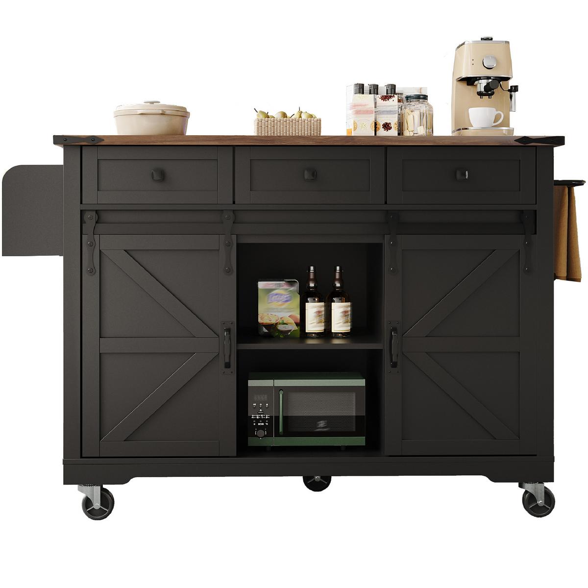KÜCHENINSEL Schwarz mit Klapptisch, Schiebetüren & Rollen - Schwarz, Holzwerkstoff (140/94/45cm) - Urban Meuble