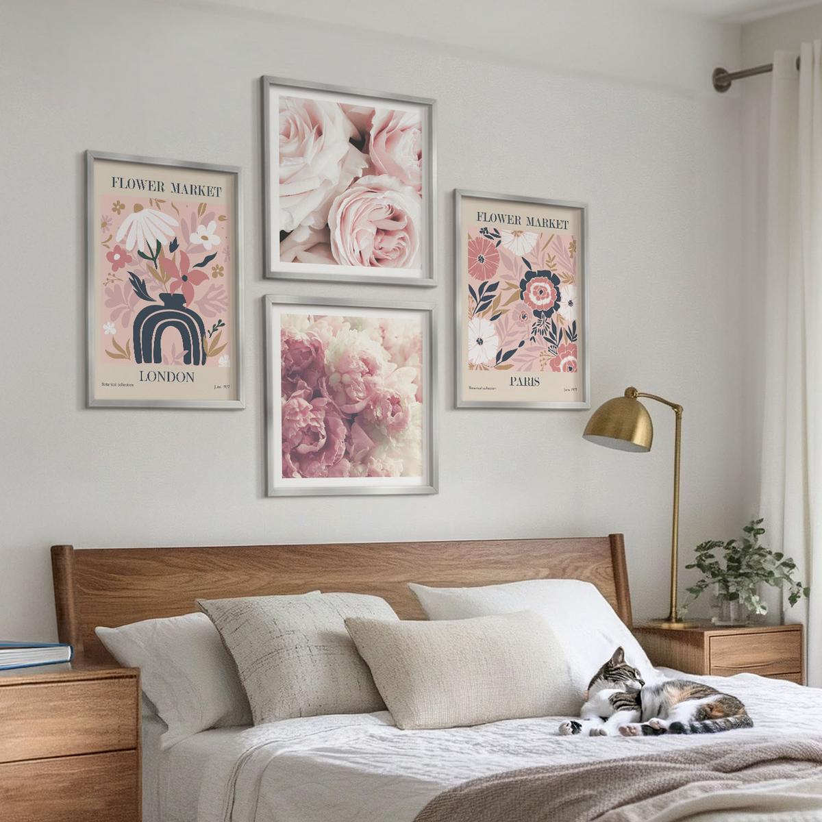 BILDER SET 4er Set - 50x50 cm & 40x60 cm Silberner Rahmen - Blumenmotive Rosen Paris - Silberfarben, Kunststoff (50/50cm) - TULUP