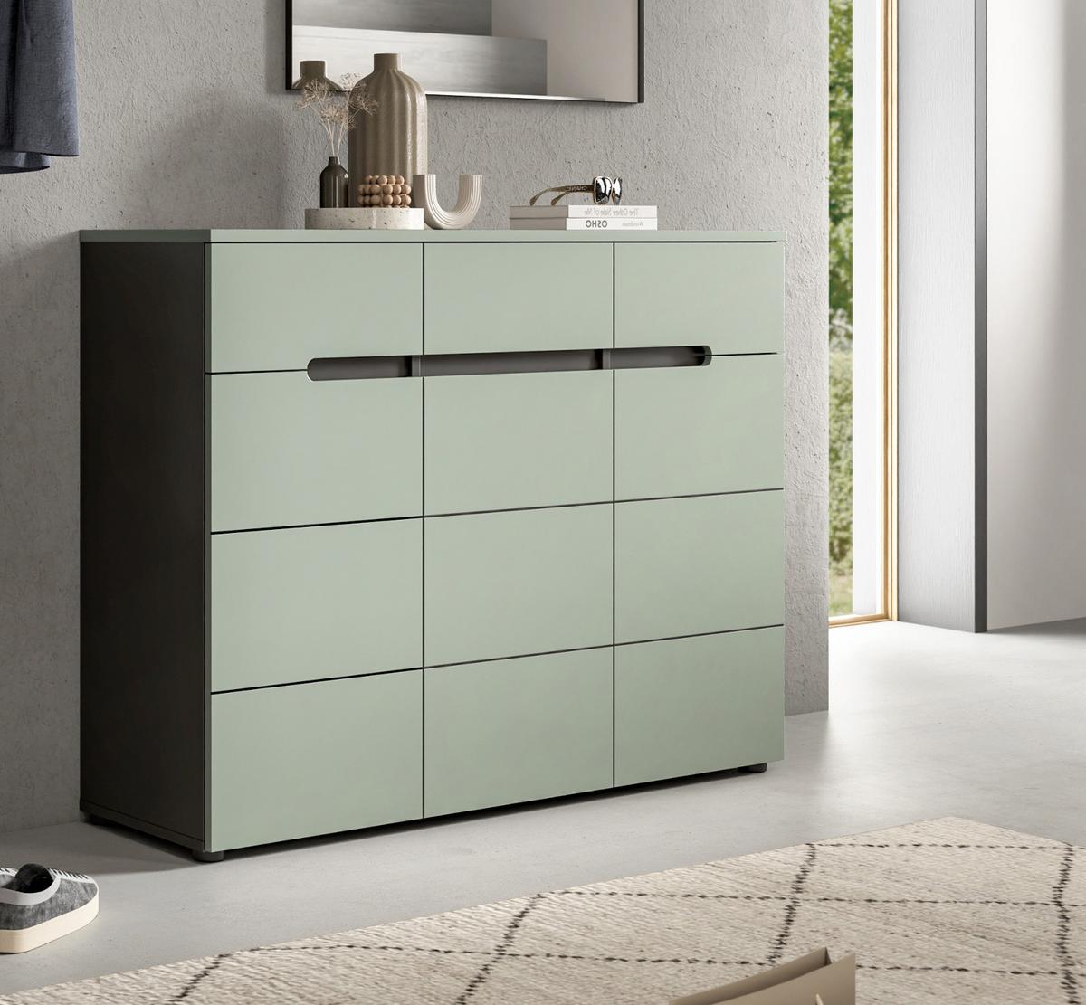 SCHUHKOMMODE Salbei Grün, Basalt Grau 120 cm, Flurkommode mit Soft-Close und Vollauszug - Salbeigrün/Schwarz, Holzwerkstoff/Kunststoff (120/94/37cm) - Inn.Furn