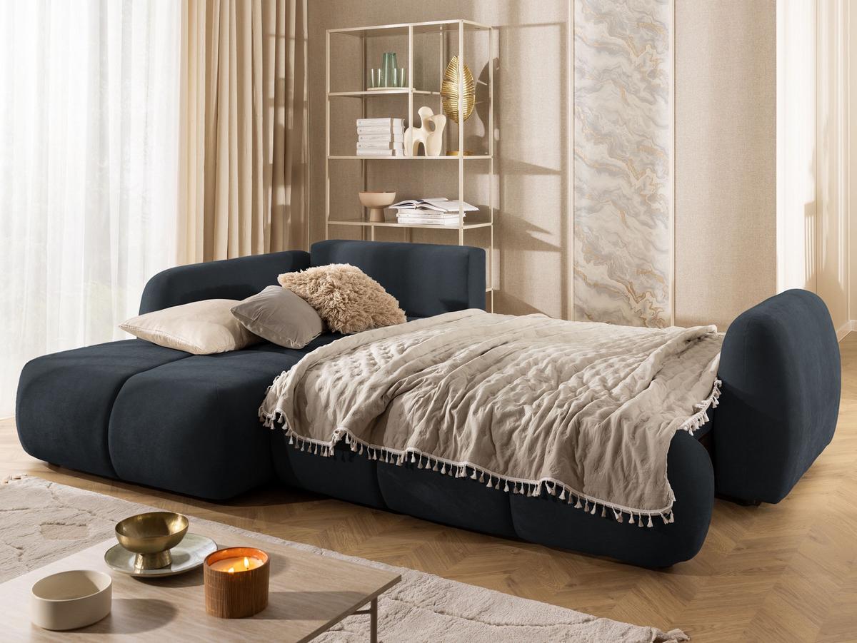 ECKSOFA Loretto aus natürlichem Schwarz Webstoff mit Schlaffunktion, Bettkasten und tiefen Steppungen in Bubble-Optik - Schwarz, Holz/Kunststoff (180/275cm) - S-Style