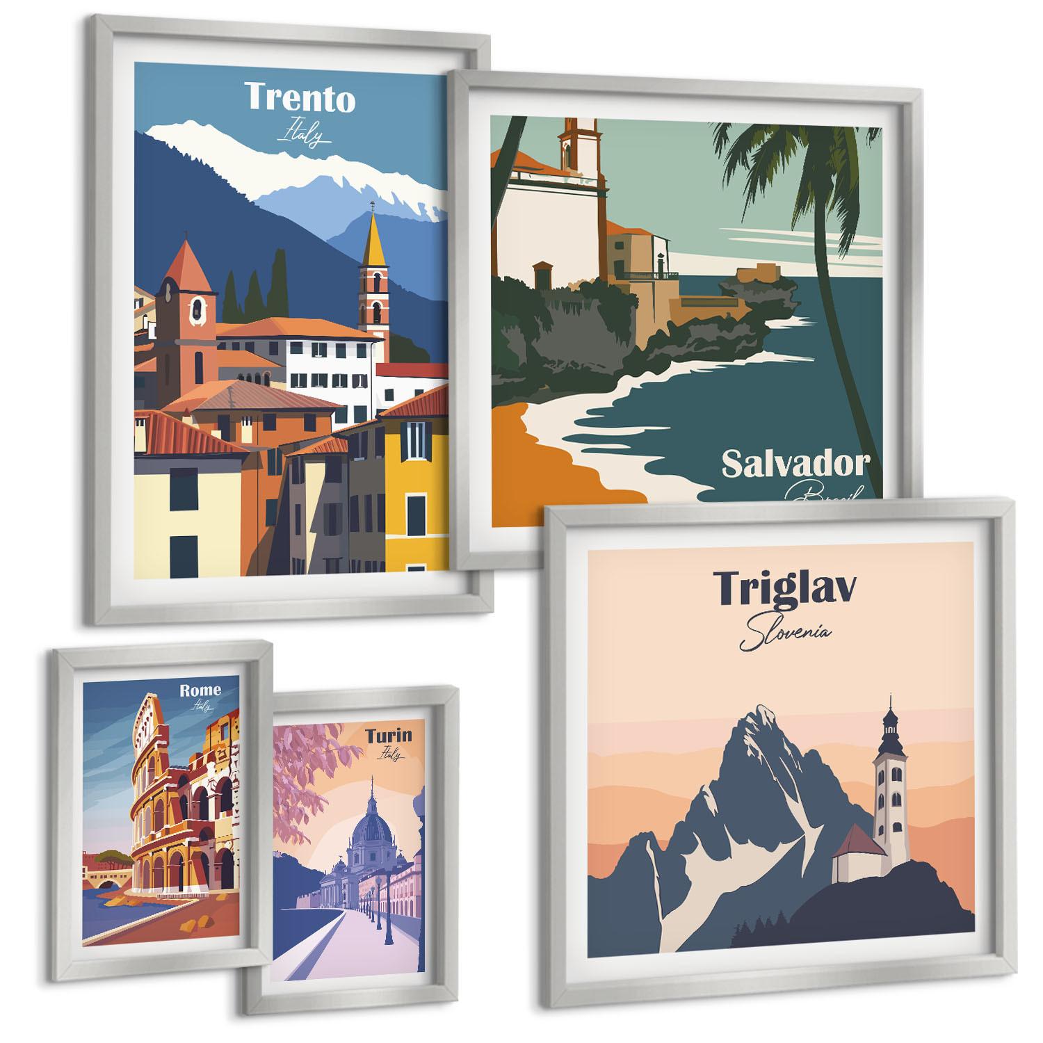 BILDER SET 5er Set - 50x50 cm & 20x30 cm & 40x60 cm Silberner Rahmen - Blicke auf berühmte Orte am Meer - Silberfarben, Kunststoff (40/60cm) - TULUP