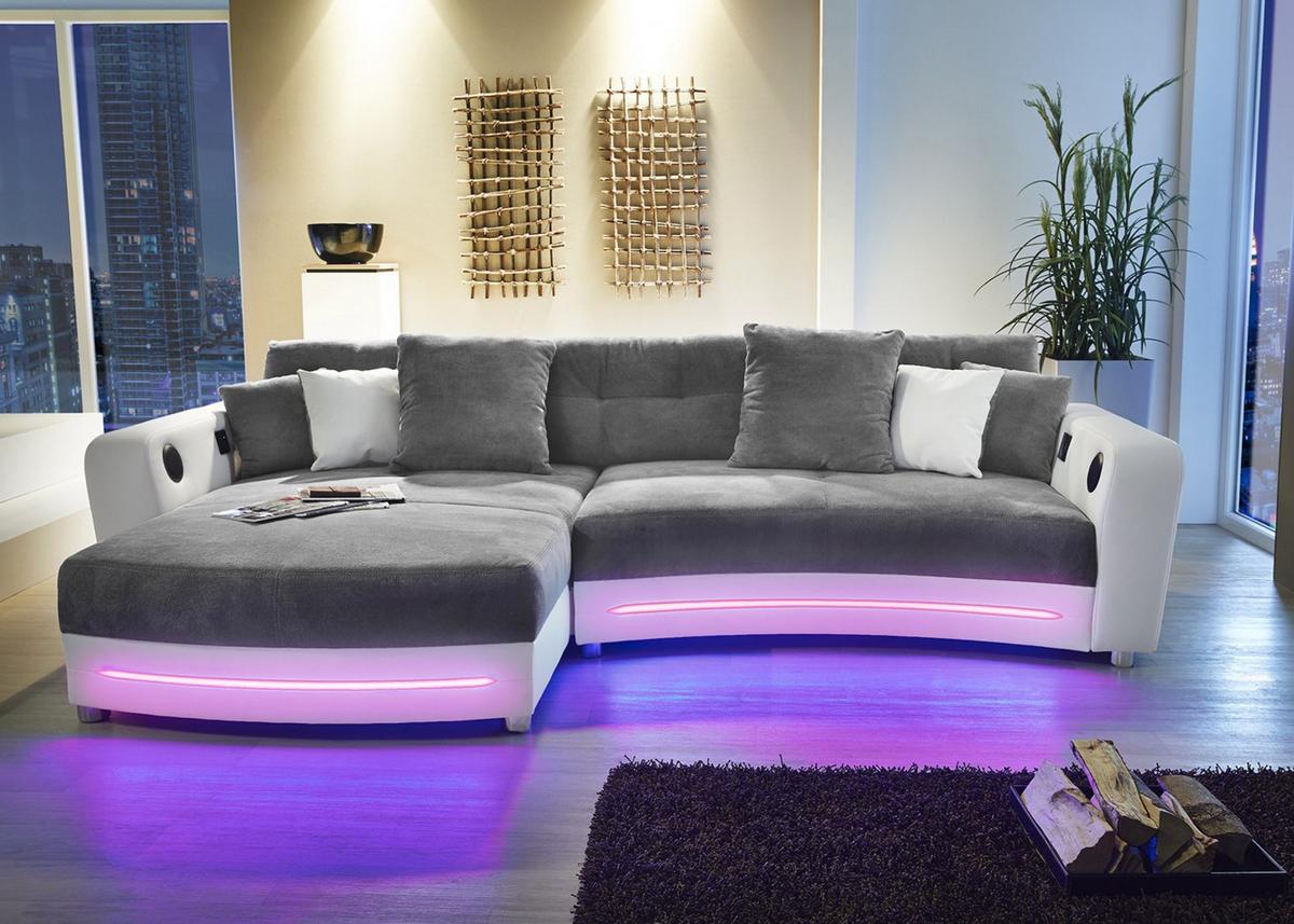 MULTIMEDIA-ECKSOFA Soundsystem RGB-LED Beleuchtung Bluetooth USB AUX-in, seitenverkehrt montierbar B322/T190/H88cm, Kunstleder Weiß-Mikrof.Grau/15410 - Chromfarben/Weiß, Kunststoff/Textil (322/88/190cm) - luma-home