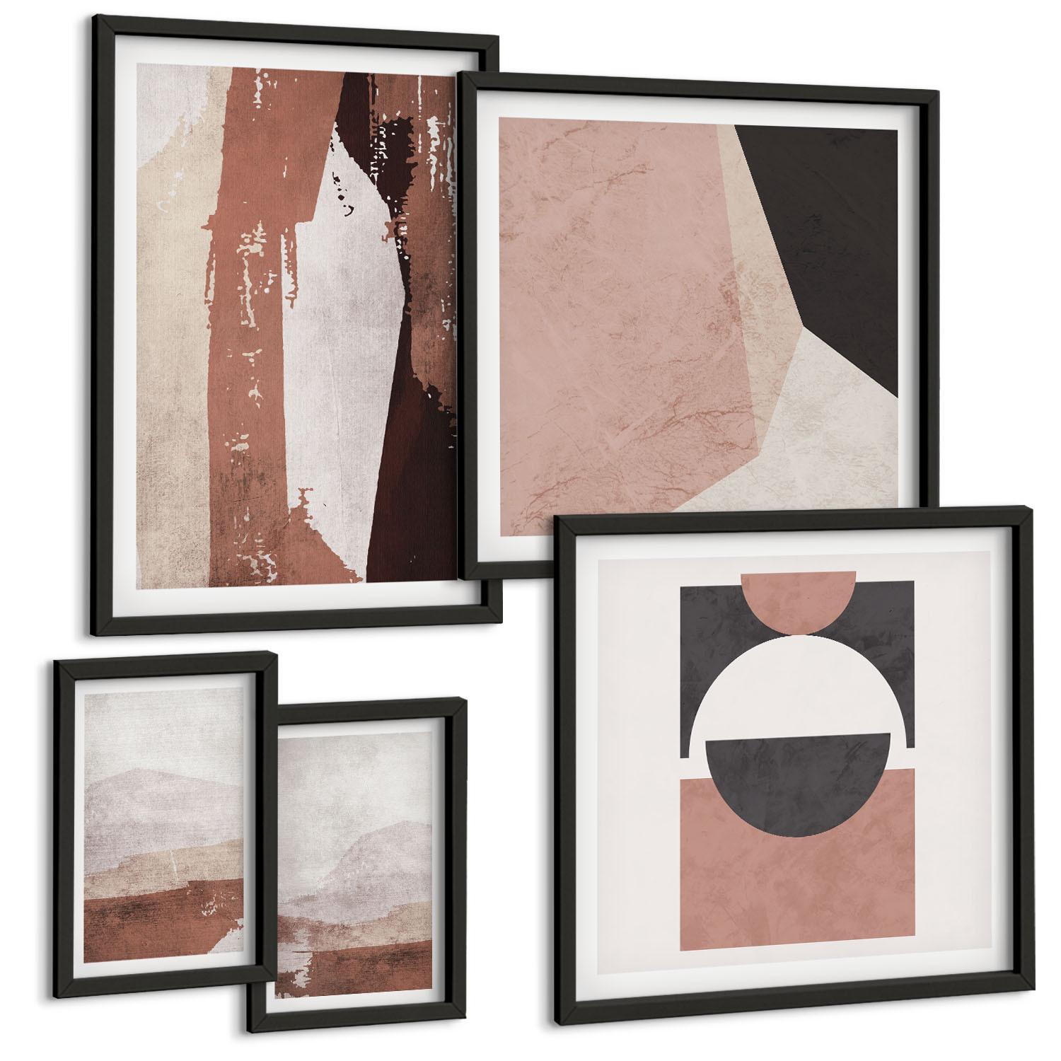 BILDER SET 5er Set - 50x50 cm & 20x30 cm & 40x60 cm Schwarzer Rahmen - Abstrakte braune Muster - Schwarz, Kunststoff (40/60cm) - TULUP