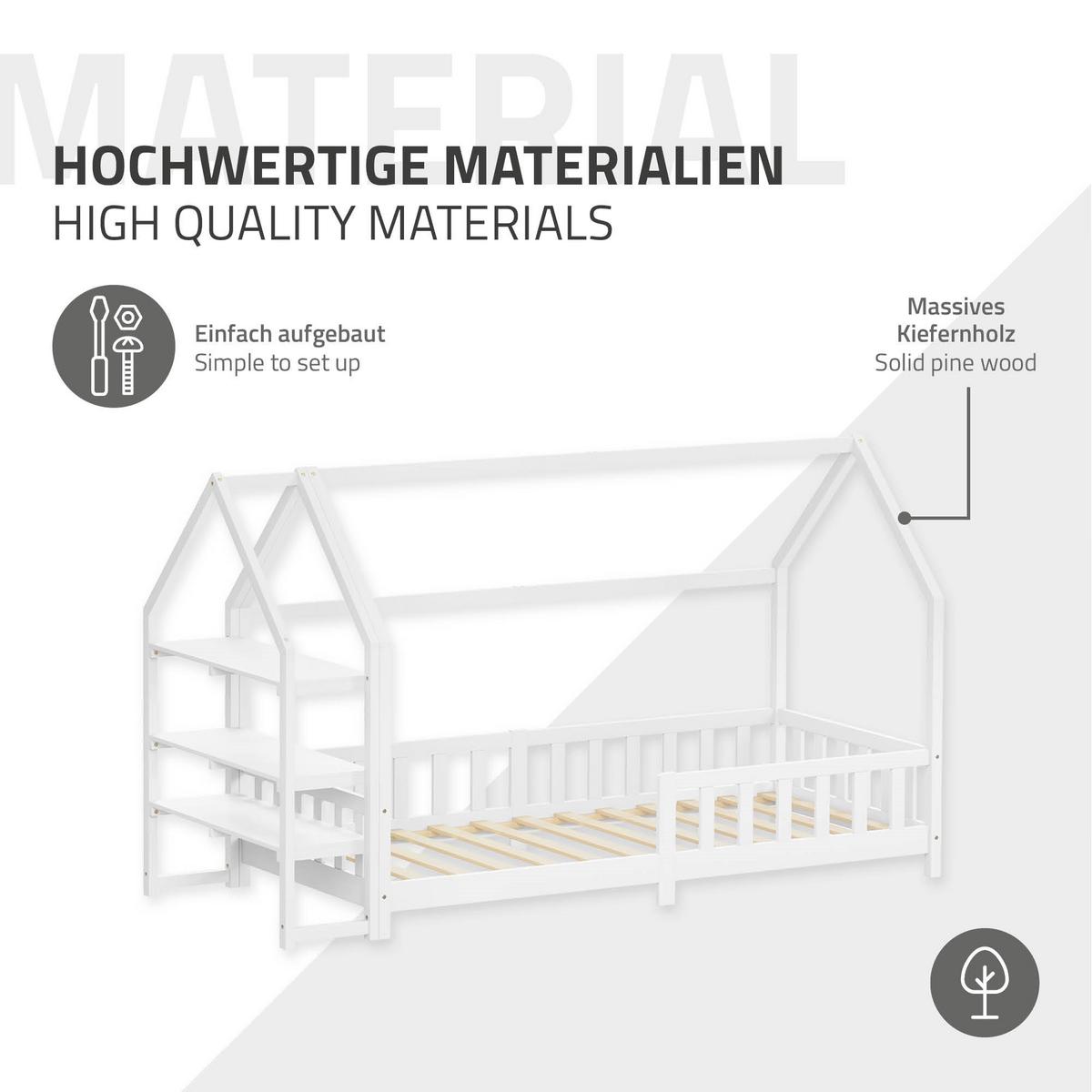 KINDERBETT 90x200 cm mit Rausfallschutz & Regal Weiß aus Kiefernholz - Weiß, Holz (90/200cm) - ML-DESIGN