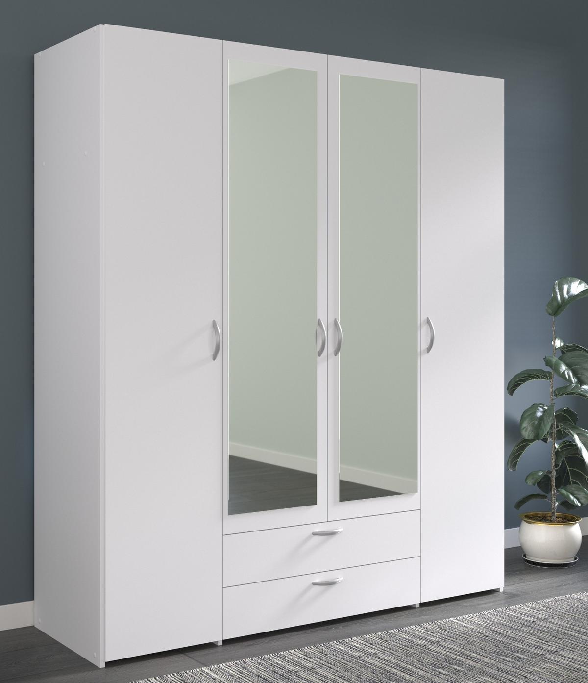 KLEIDERSCHRANK mit Spiegel weiß 160 cm Drehtürenschrank 4-türig - Silberfarben/Weiß, Holzwerkstoff/Kunststoff (160/185/185cm) - Furn.Design
