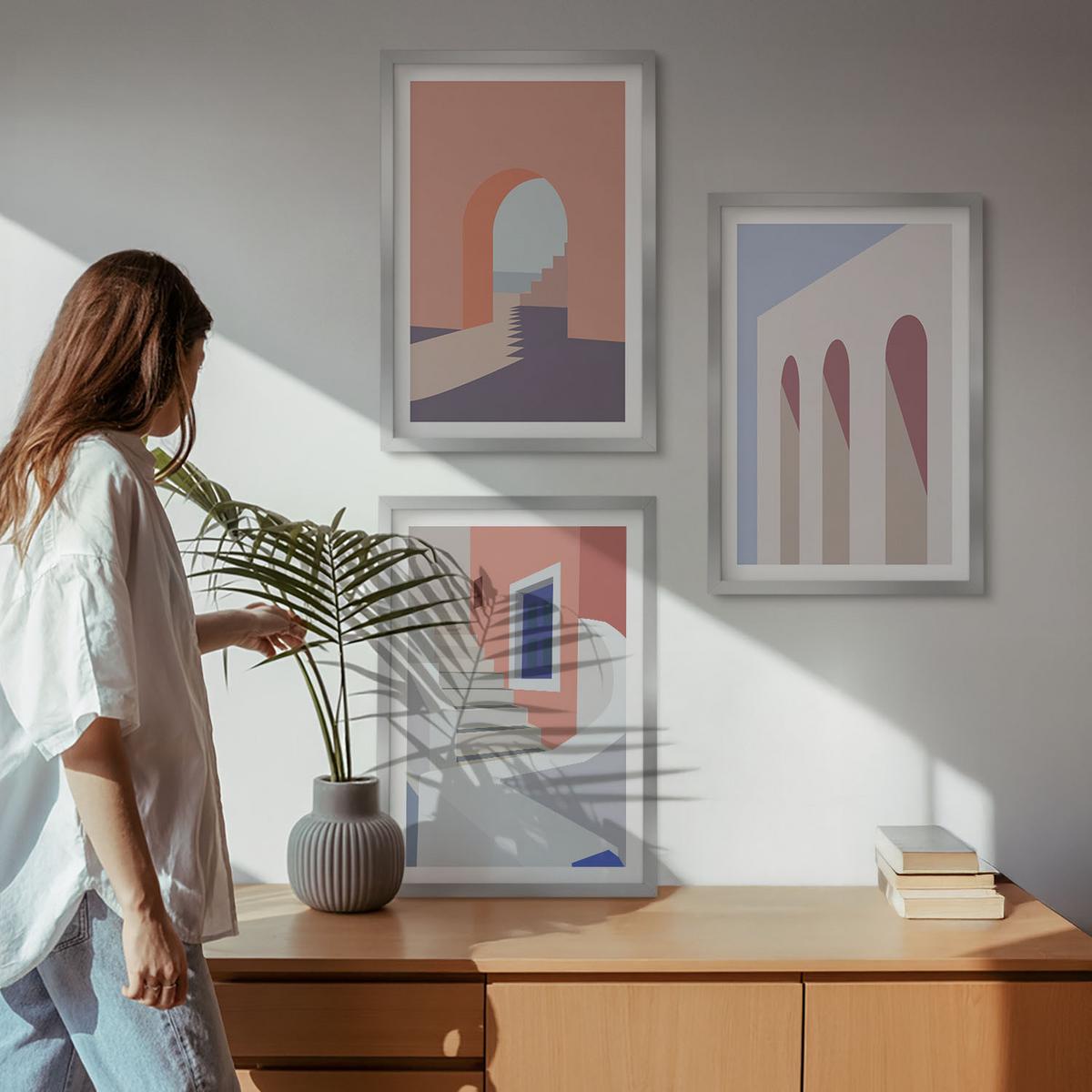 BILDER SET 3er Set - 40x60 cm Silberner Rahmen - Minimalistische Architekturillustrationen - Silberfarben, Kunststoff (40/60cm) - TULUP