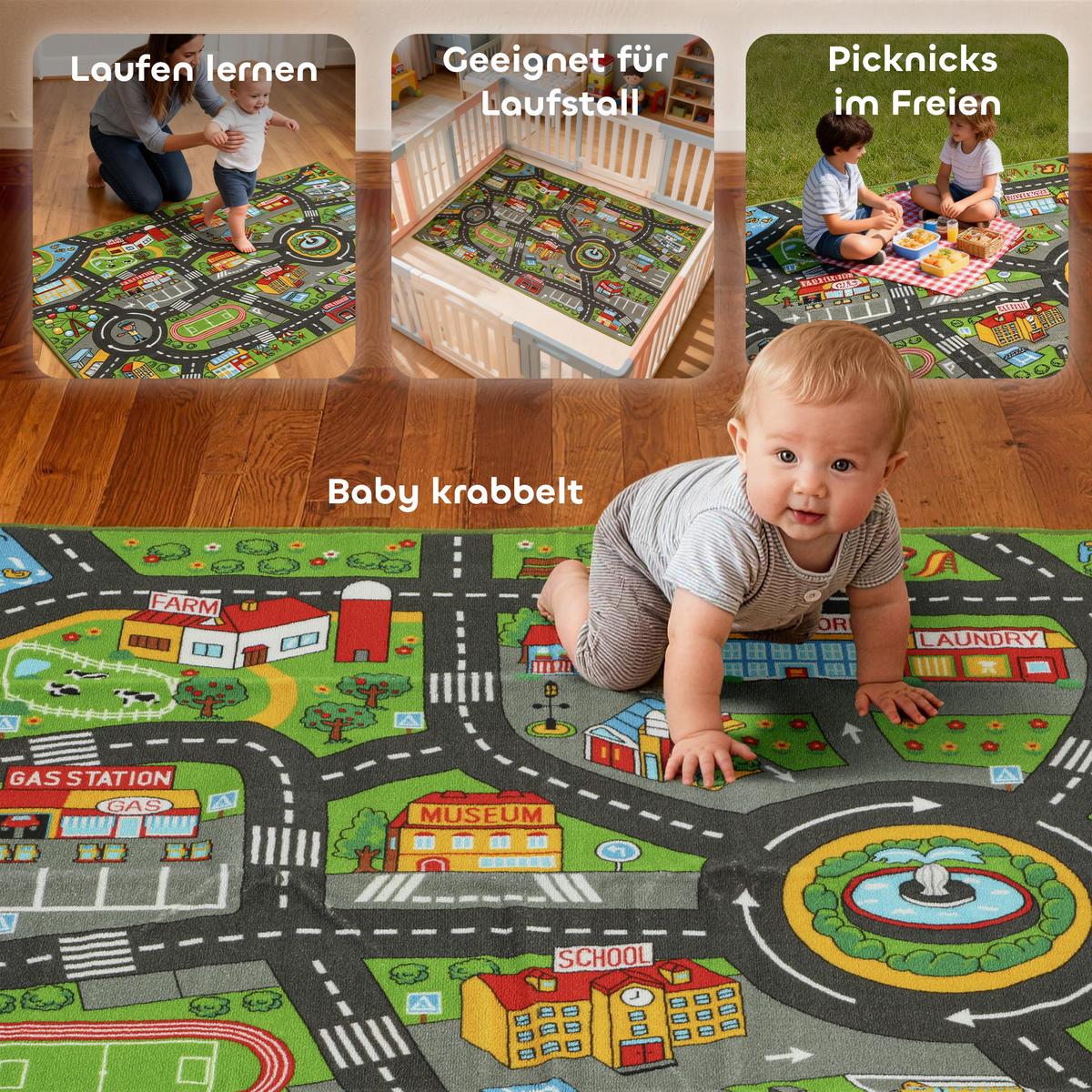KRABBELMATTE Baby, Spielmatte 160x100cm Krabbeldecke mit Rutschfester Unterseite - Grau, Textil - AIYAPLAY