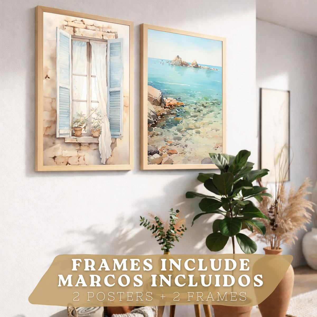POSTER 3er Bilder-Set Wandbilder Meer Relax modern ohne Rahmen – Wohnzimmer Deko, Schlafzimmer, Küche, Badezimmer Leichter Holzrahmen A3 - Beige, Papier (29.7/1/42cm) - Nacnic