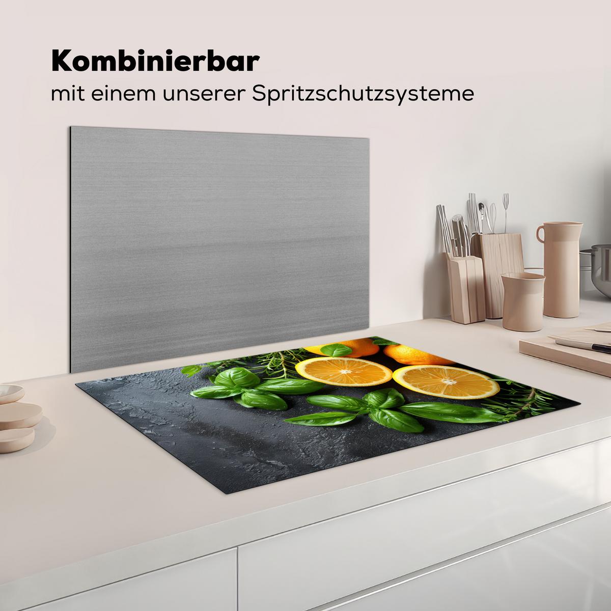 HERDABDECKPLATTE Obst - Grau - Konkret - Orange - Pflanzen Ceranfeldabdeckung 78x52 cm - Anthrazit, Kunststoff (78/52/0.2cm) - MuchoWow