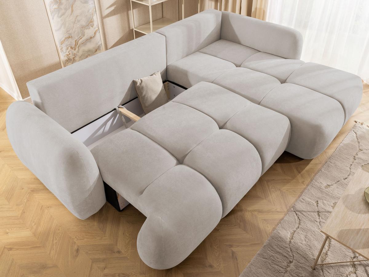 ECKSOFA Loretto aus natürlichem Beige Webstoff mit Schlaffunktion, Bettkasten und tiefen Steppungen in Bubble-Optik - Beige/Schwarz, Holz/Kunststoff (275/180cm) - S-Style