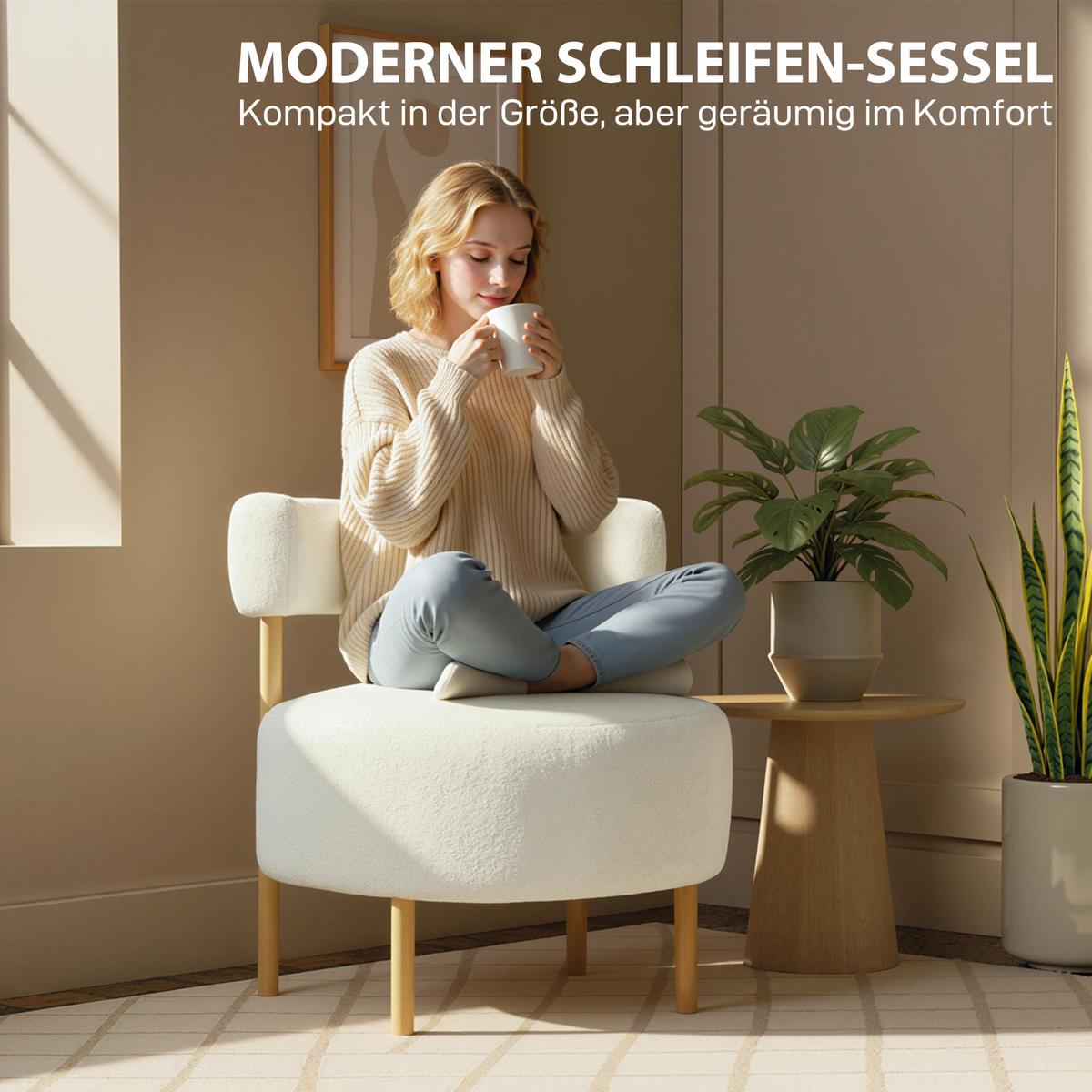 RELAXSESSEL mit Sherpa-Fleece Metallbeinen in Holzoptik Weiß - Eukalyptusholzfarben/Creme, Holz/Textil (67/71/67cm) - HOMCOM