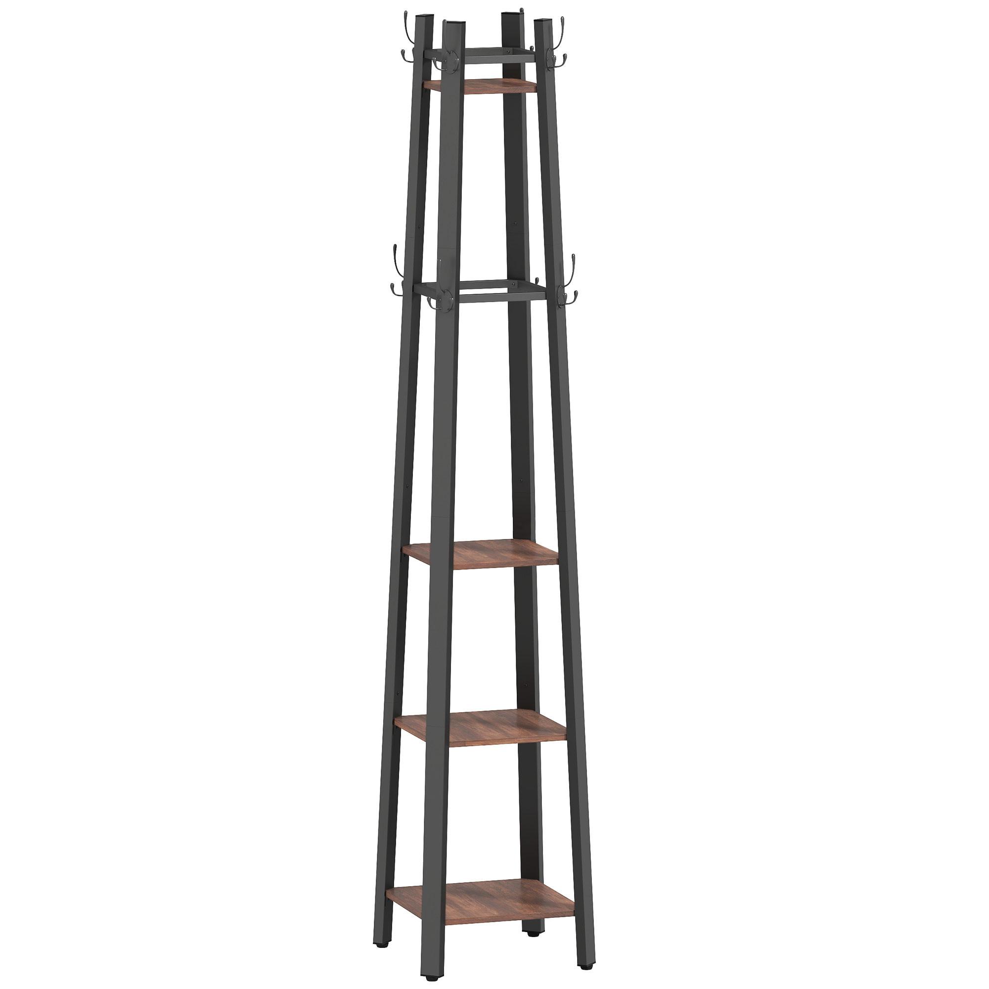GARDEROBENSTÄNDER, Kleiderständer mit 4 Ablagen und 8 Haken im Industrie-Stil - Schwarz/Braun, Holzwerkstoff/Metall (34.8/179/34.8cm) - HOMCOM