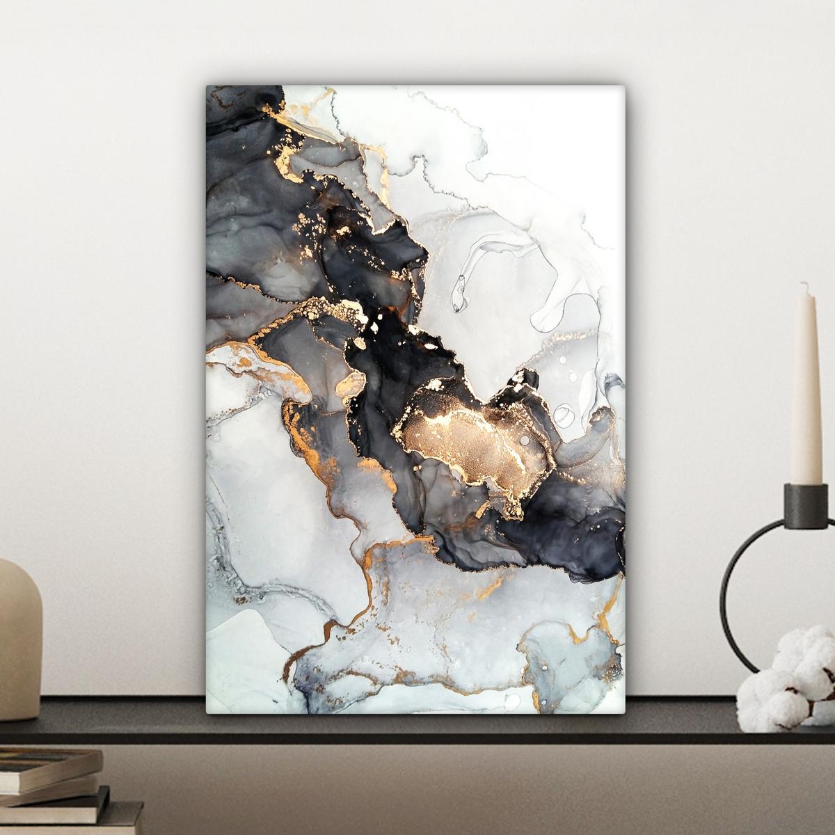 LEINWANDBILD Marmor - Schwarz - Weiß - Gold - Luxus - Abstrakt Deko Wohnzimmer 20x30 cm - Goldfarben, Textil (20/30cm) - MuchoWow