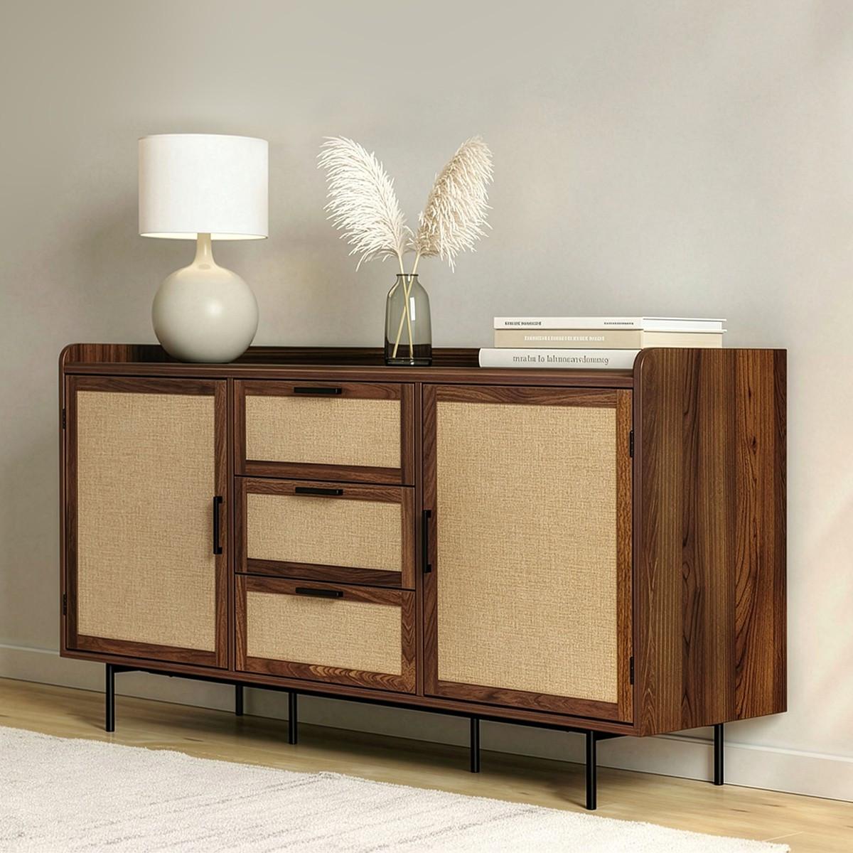 SIDEBOARD im Nussbaumdekor, 2 Türen, 3 Schubladen mit Fronten aus Stoff 140/39,5/79 cm - Nussbaumfarben, Holzwerkstoff (39.5/79/47.5cm) - Calicosy