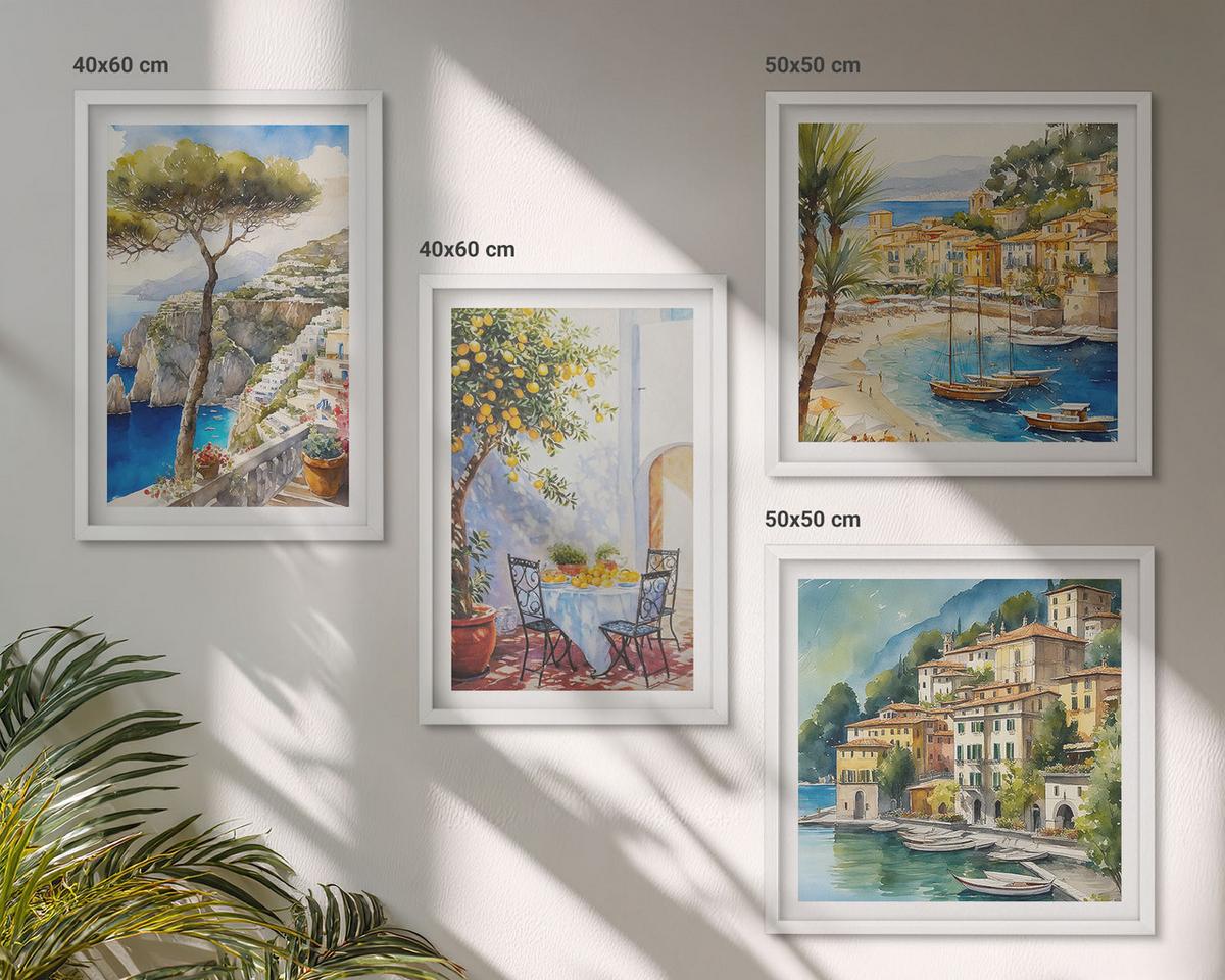 BILDER SET 4er Set - 50x50 cm & 40x60 cm Weißer Rahmen - Italienische Städte (Aquarell) - Weiß, Kunststoff (50/50cm) - TULUP