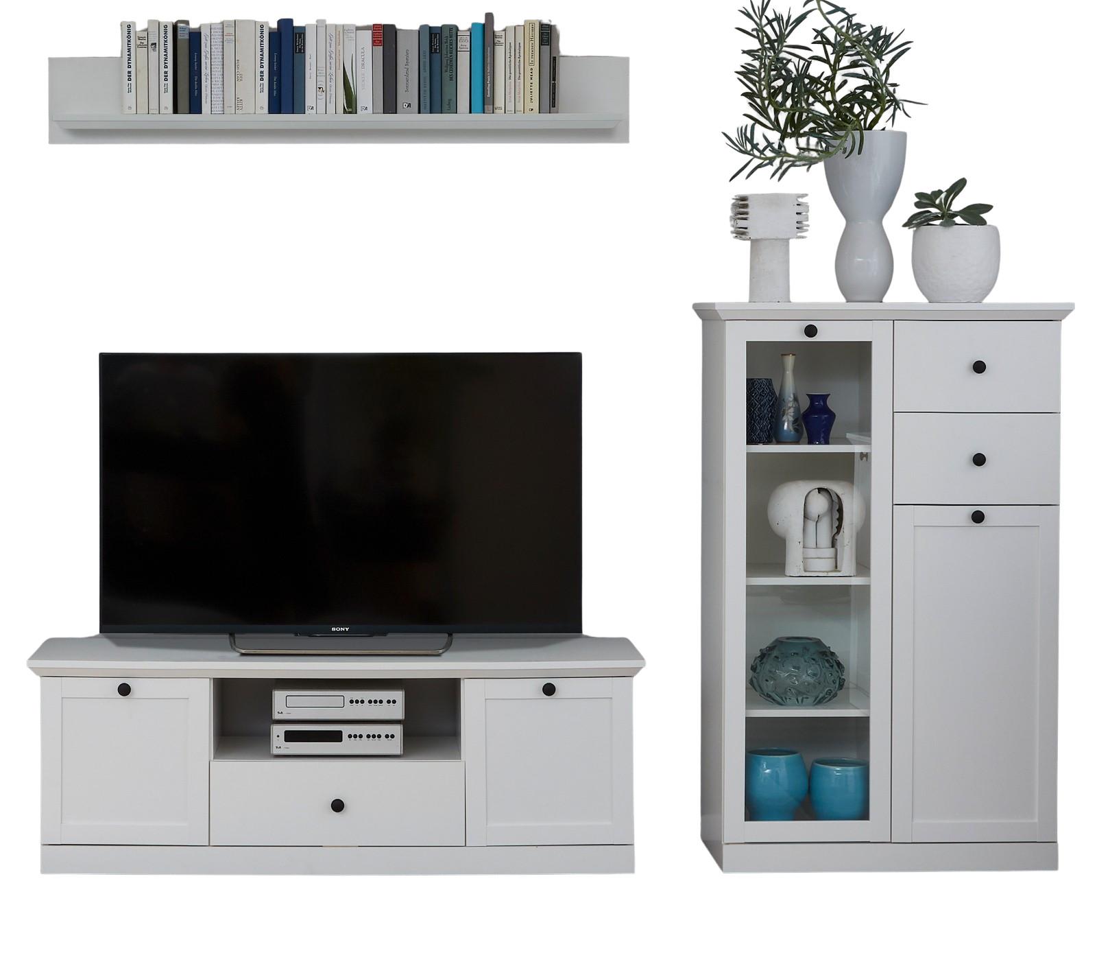 WOHNWAND 3-teilig in weiß Landhaus, Schrankwand 273 x 196 cm - Silberfarben/Weiß, Glas/Holzwerkstoff (273/180/41cm) - Top.Furn