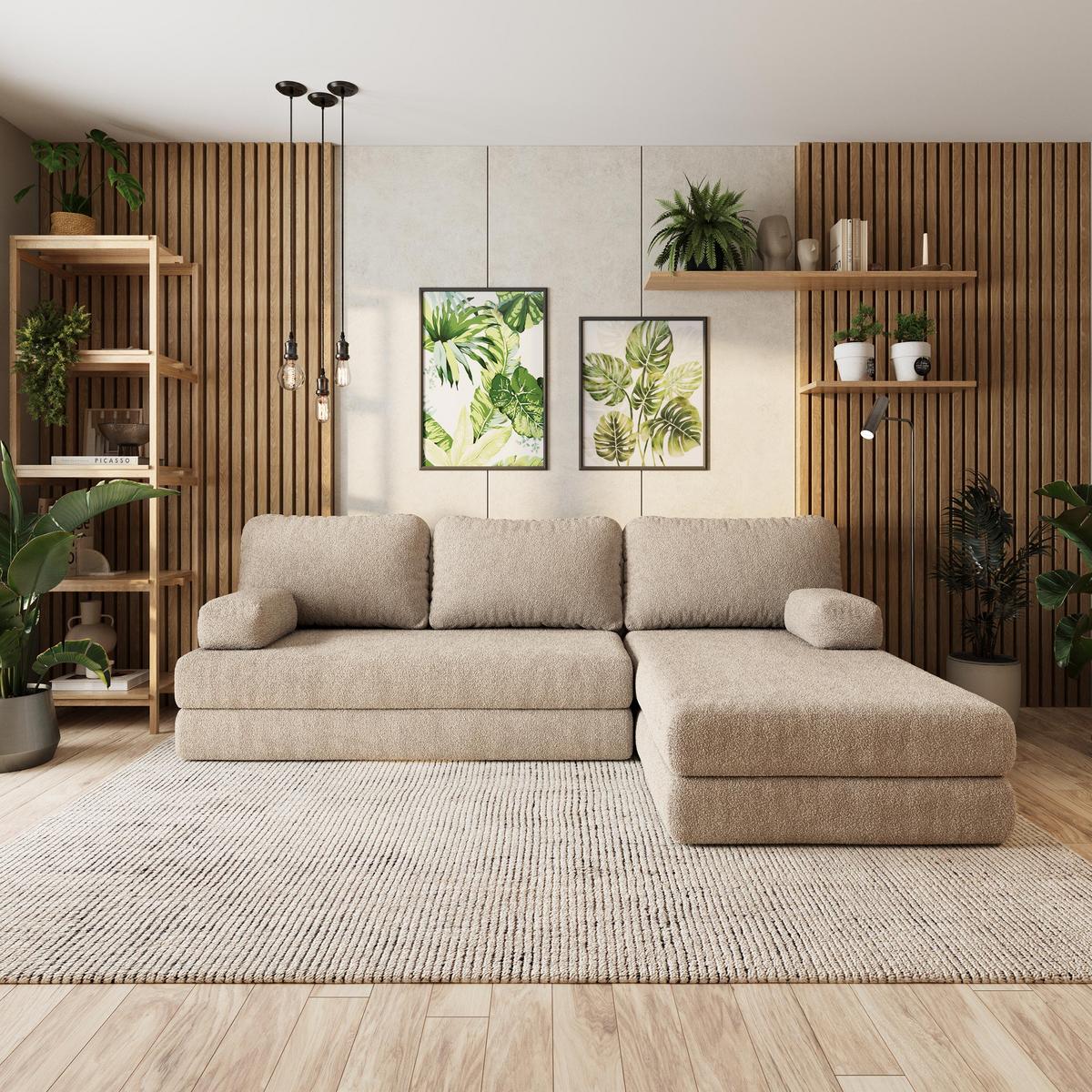 ECKSOFA LEA modulares Boneless Sofa mit Schlaffunktion Beige Boucle-Stoff - Beige, Textil (270/160cm) - MASSENO