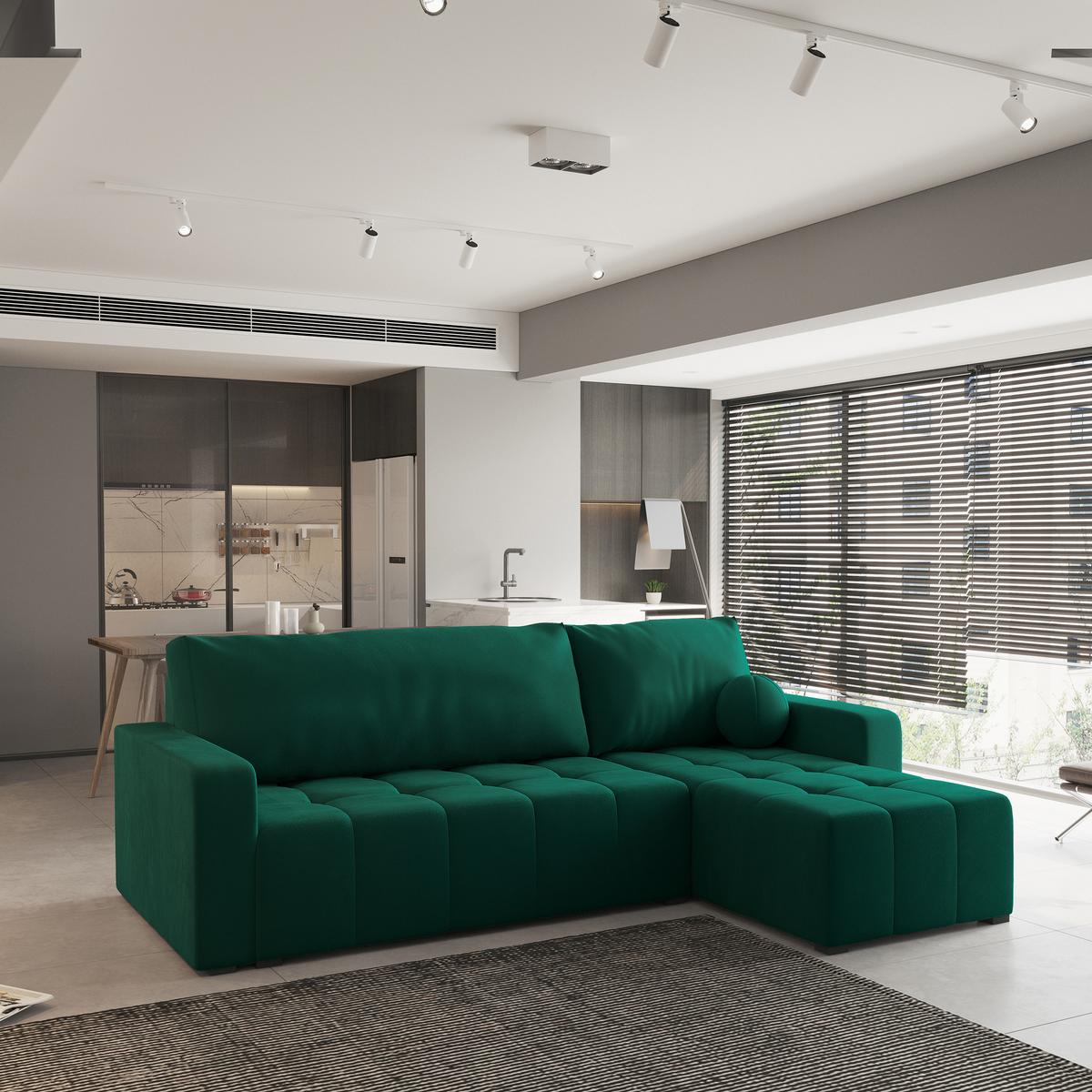 ECKSOFA VOLIRA Grün Plüsch-Stoff mit Schlaffunktion - Grün, Holz (230/143cm) - MASSENO