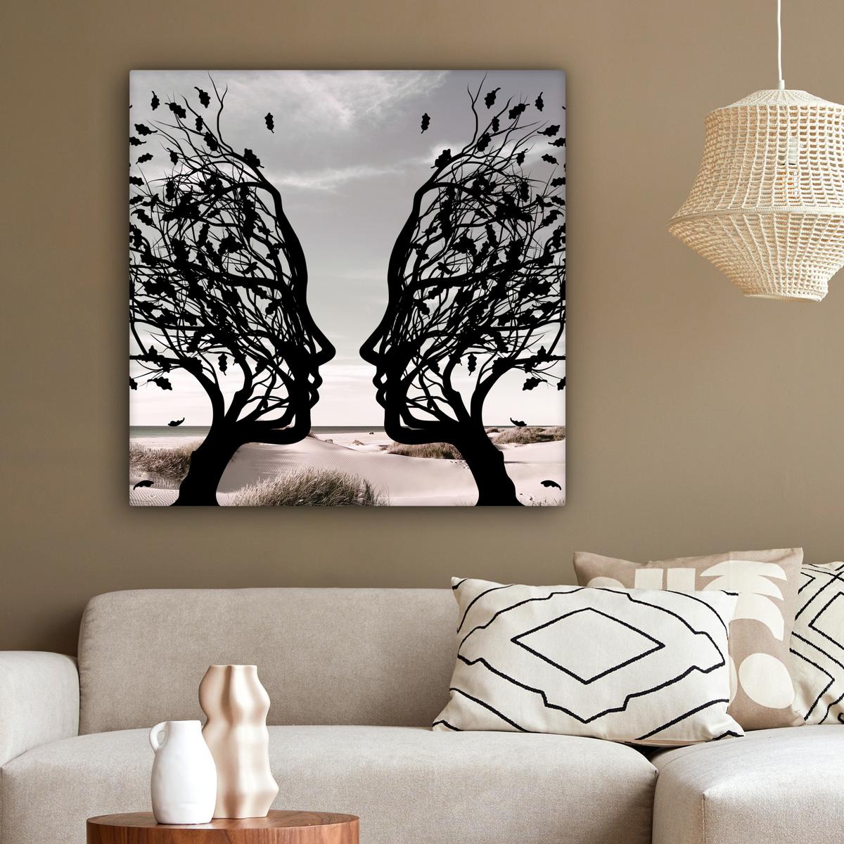 LEINWANDBILD Strand - Meer - Menschen - Baum - Moderne Kunst Deko Groß 90x90 cm - Hellgrau, Textil (90/90cm) - MuchoWow