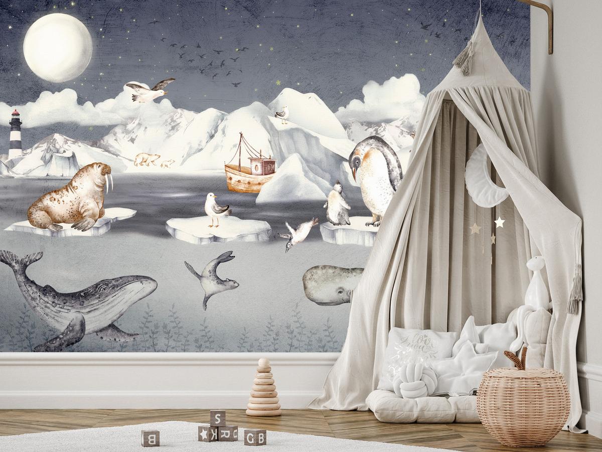 FOTOTAPETE für Kinderzimmer Arktische Tiere Pinguine Robben Mond Gebirge 500x350 - Orange/Weiß, Papier (500/350cm) - Muralo
