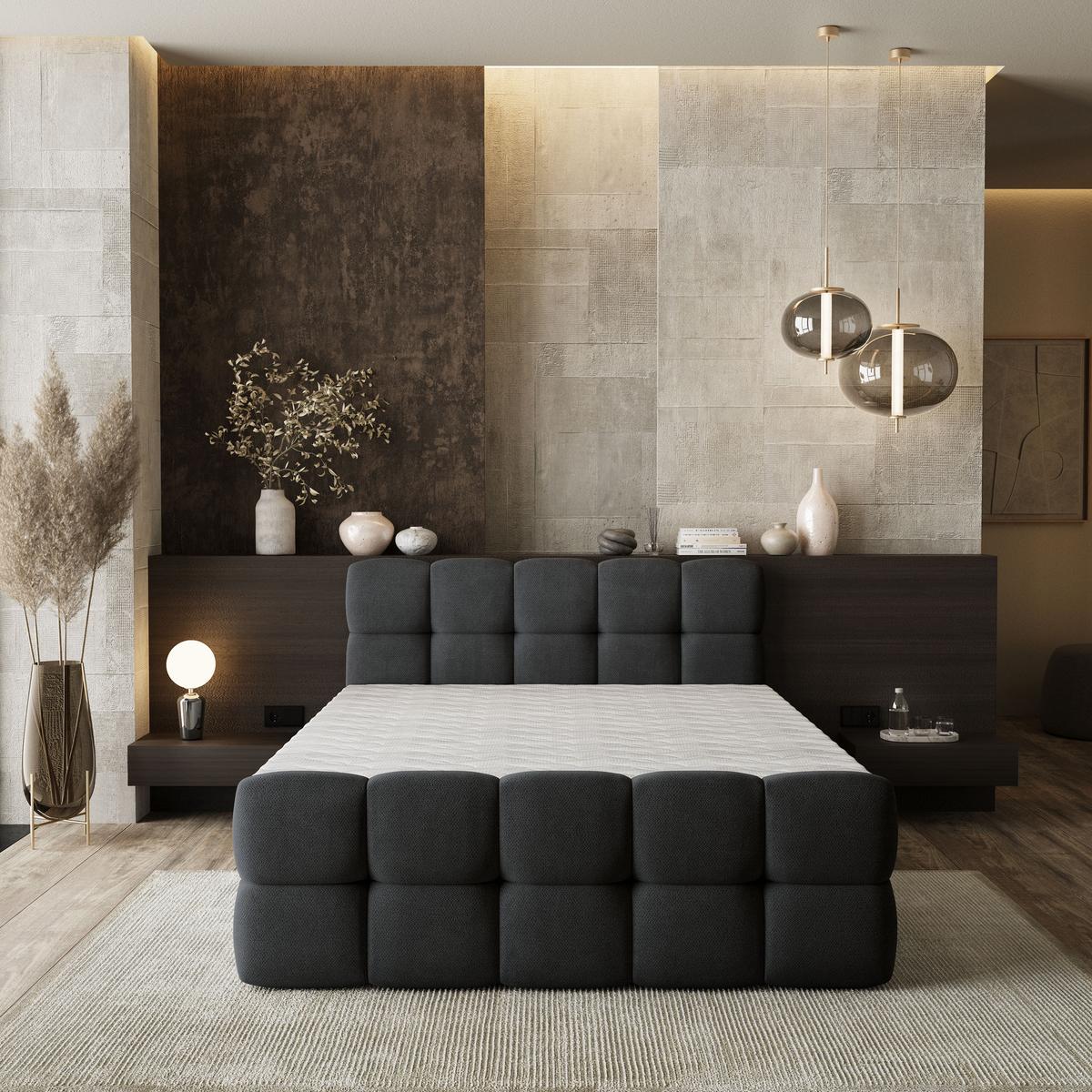 BOXBETT BRUME 200x200 cm mit Matratze und Topper, H2+H3 - Schwarz - Schwarz, Holz (200/200cm) - MASSENO