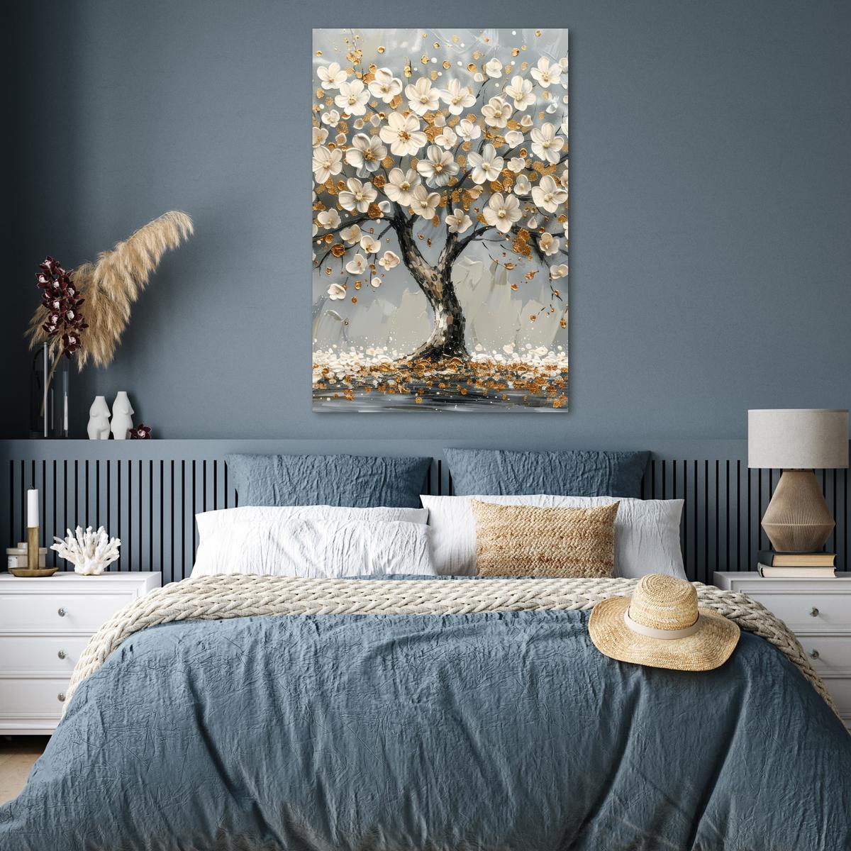 POSTER Baum - Blumen - Weiß - Natur - Kunst Wandbild Schlafzimmer 80x120 cm - Weiß, Papier (80/120/0.1cm) - MuchoWow