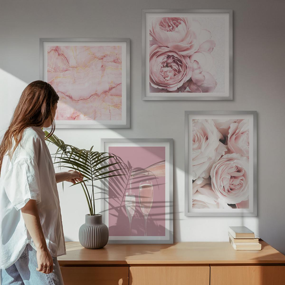 BILDER SET 4er Set - 50x50 cm & 40x60 cm Silberner Rahmen - Rosen, Champagner, Marmor, Pastell - Silberfarben, Kunststoff (50/50cm) - TULUP