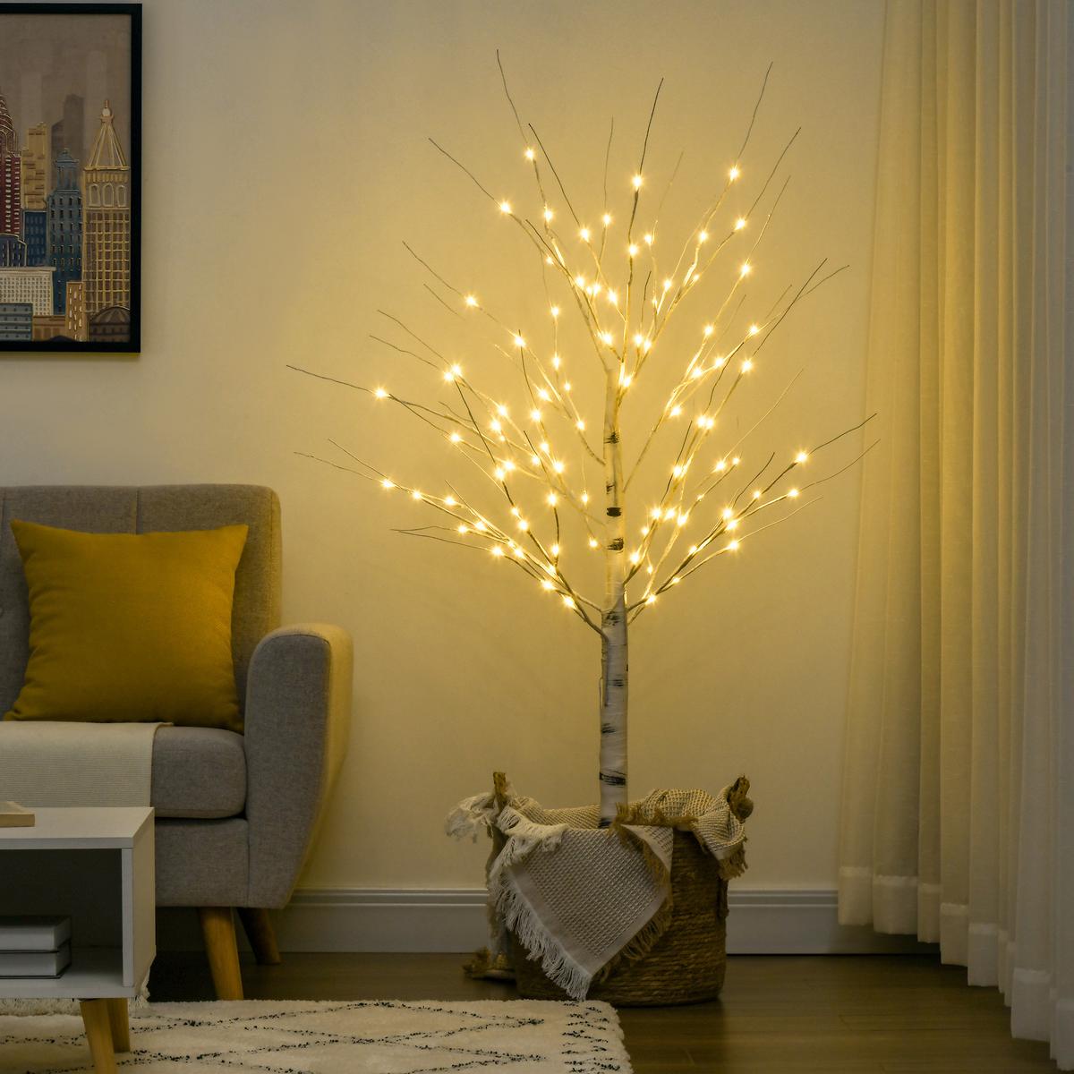 150 cm Kunstbirke Kunstbaum mit LED-Beleuchtung für Weihnachten Ostern Warmweiß - Weiß, Kunststoff (22/150/22cm) - HOMCOM