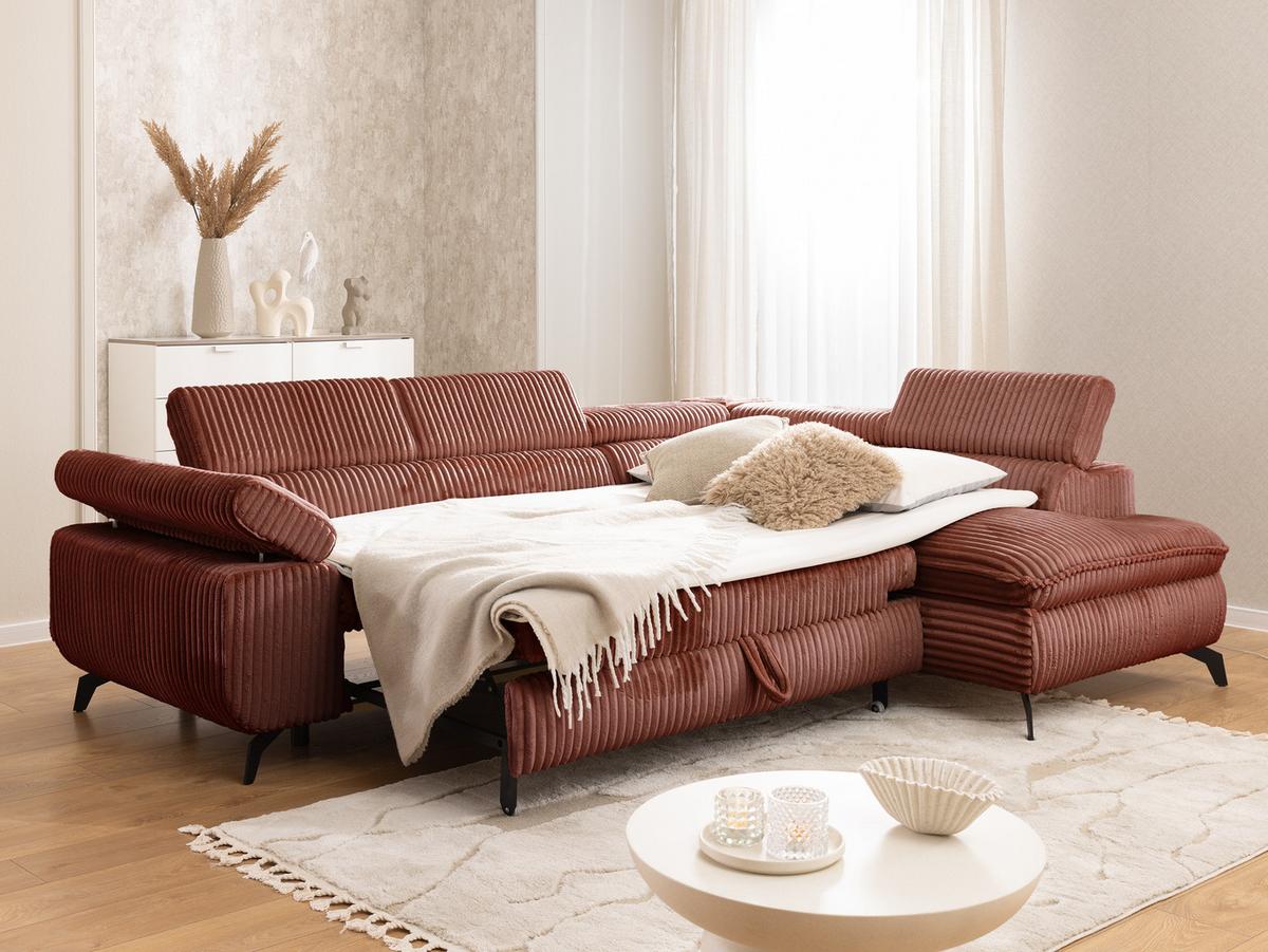 ECKSOFA mit Schlaffunktion und Bettkasten Bonnie aus Terrakotta Cord-Stoff mit verstellbaren Kopfstützen und Armlehne - Ottomane rechts - Terracotta/Schwarz, Holz/Textil (275/210cm) - S-Style Möbel
