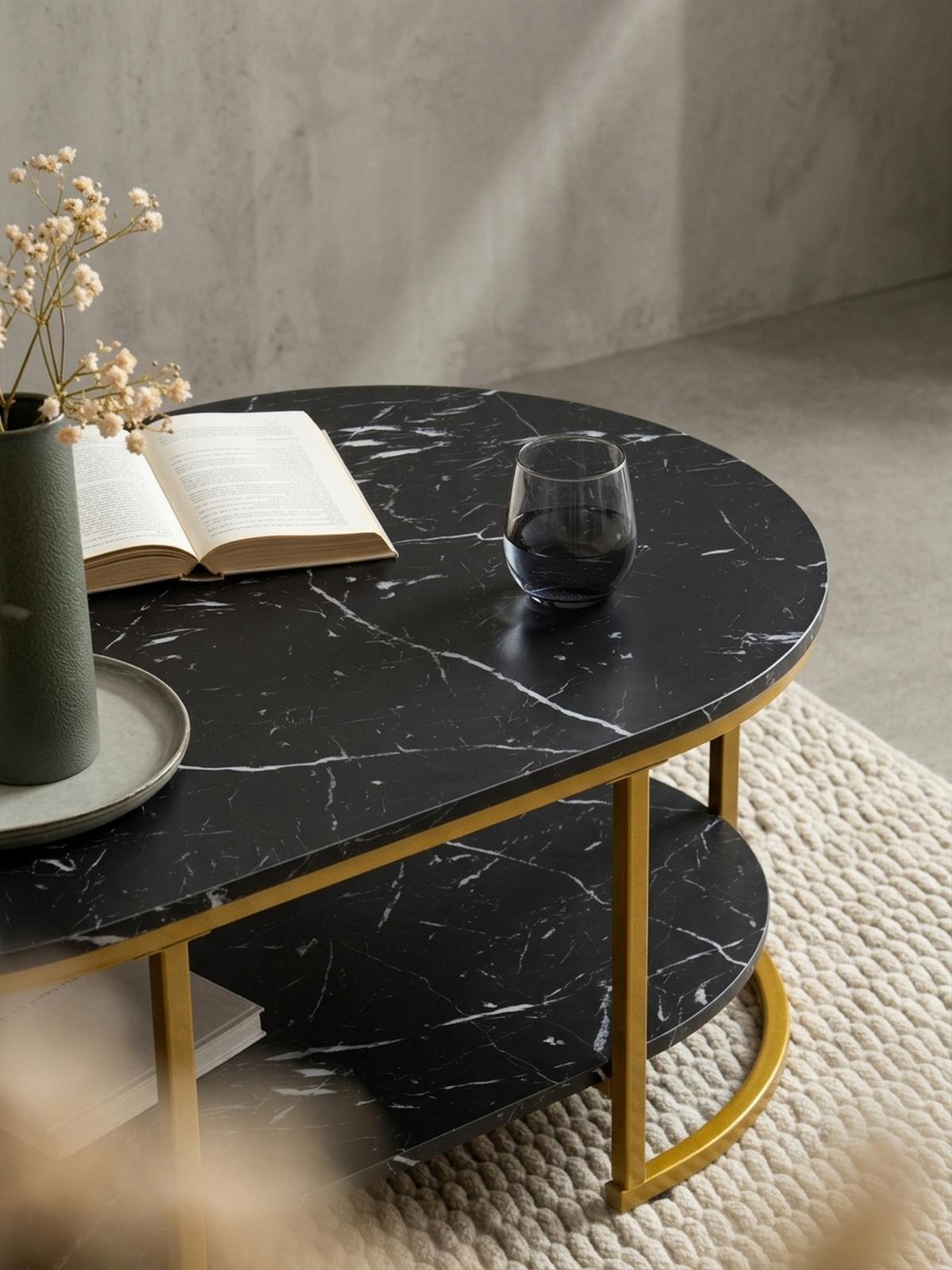 COUCHTISCH mit Marmor Optik, rechteckig, Ablage, goldenes Metallgestell, Schwarz 100x60x45 cm - Goldfarben/Schwarz, Holzwerkstoff/Metall (60/100/45cm) - KADIMA DESIGN